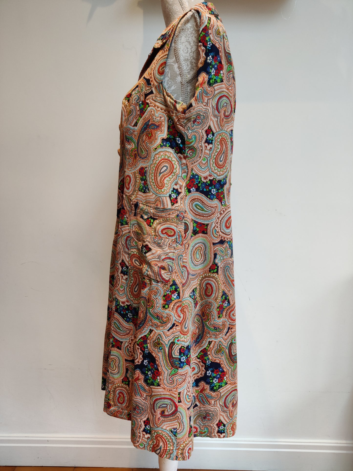 Vintage paisley sleeveless dress with dagger collar. size 16