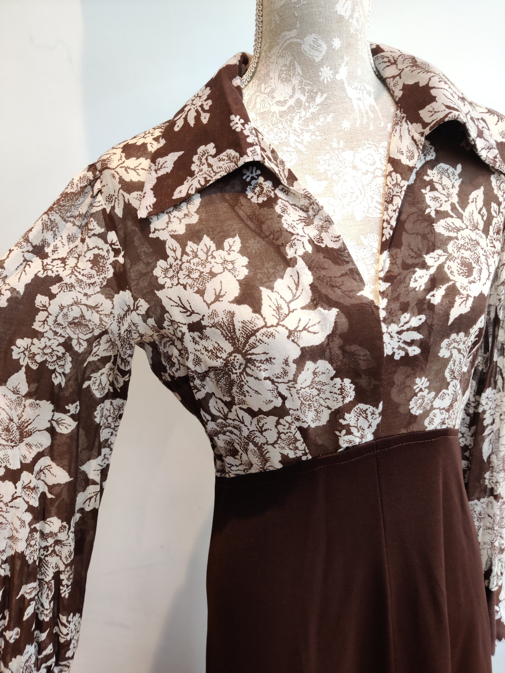 70s full length dress in brown floral print.