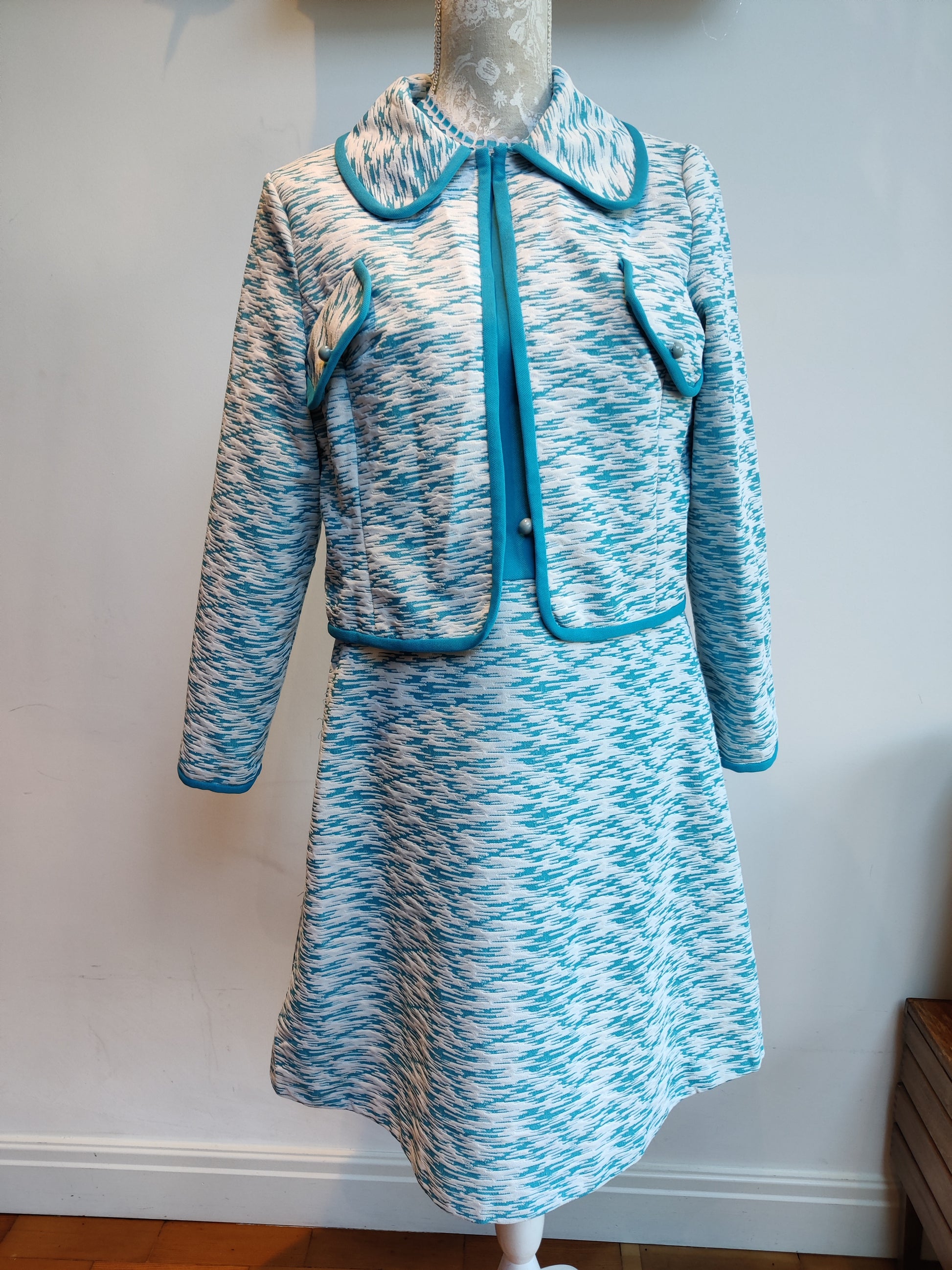 Blue and white 60s suit