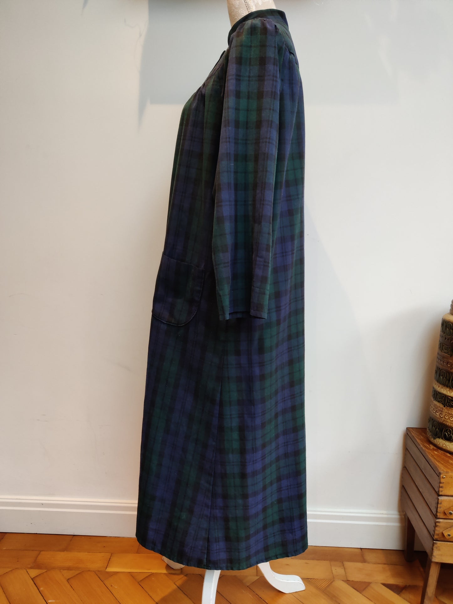 Incredible 80s Laura Ashley style green and blue tartan midi dress. Size 18-20.