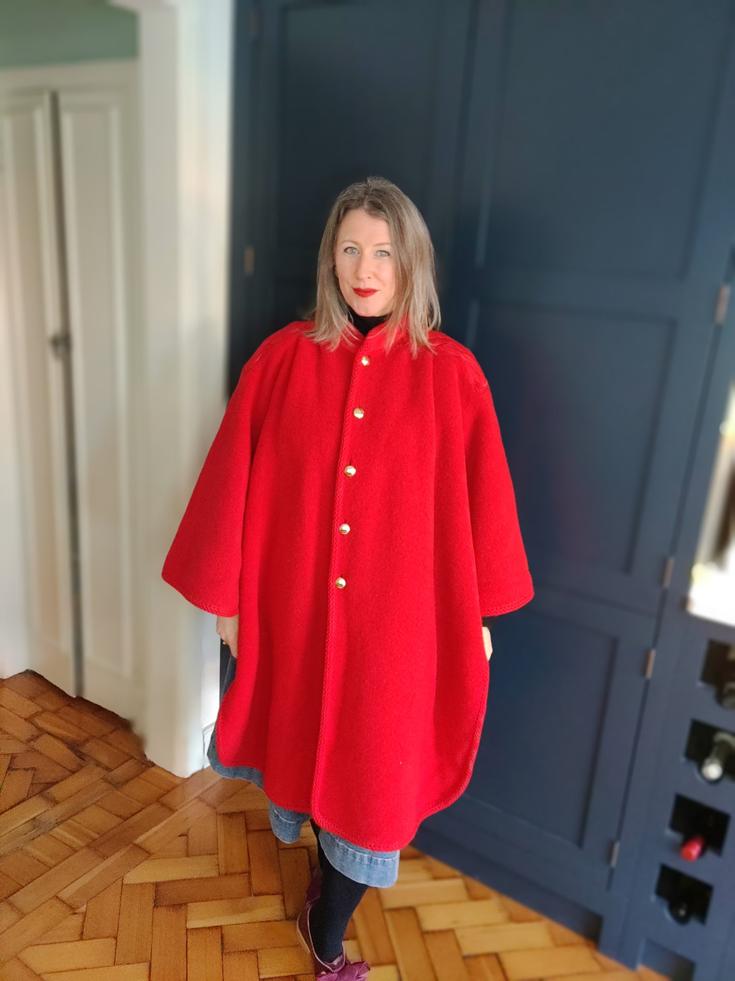Red cape cardigan with gold buttons