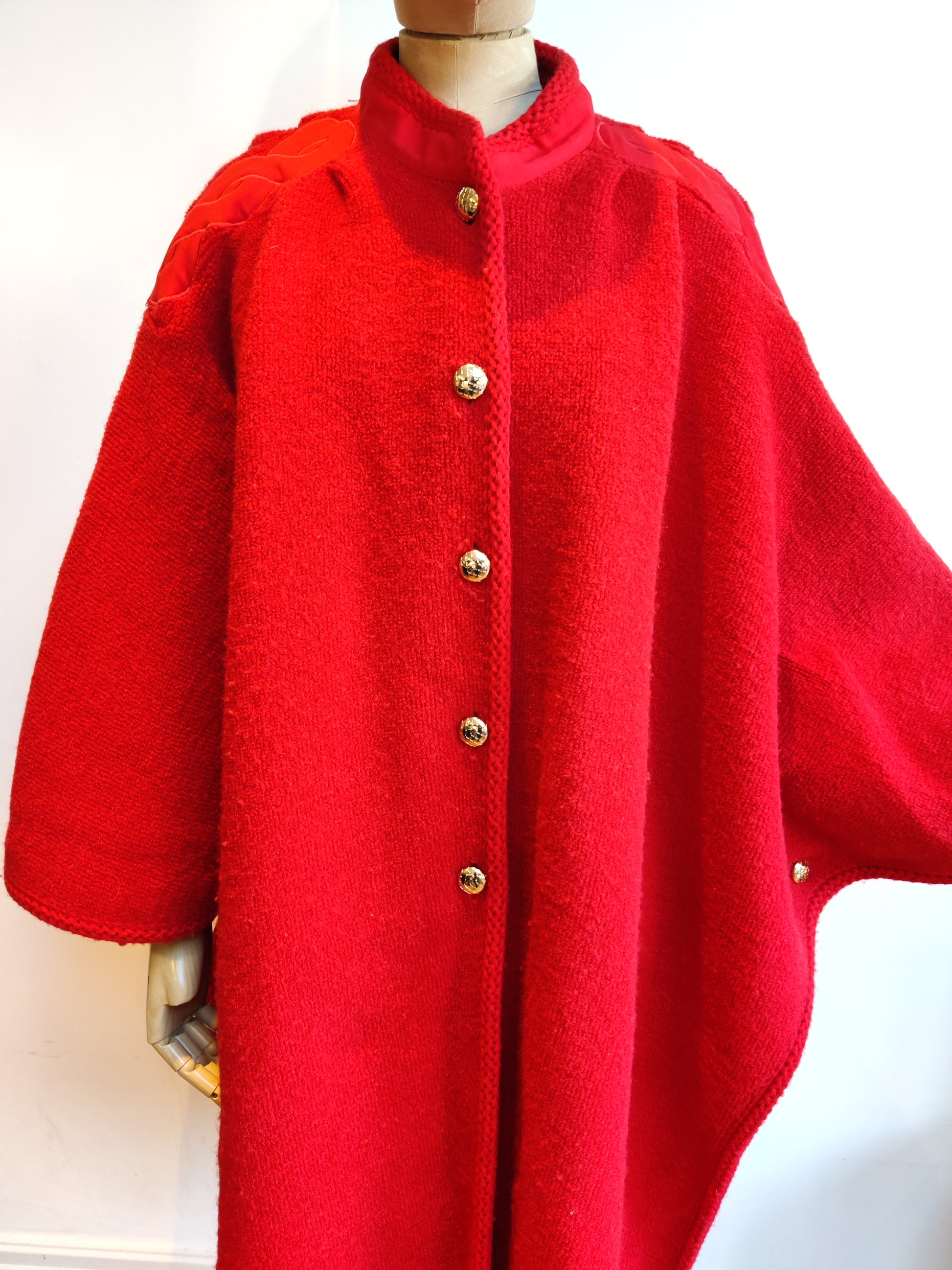 Long red vintage cape with applique shoulder trim