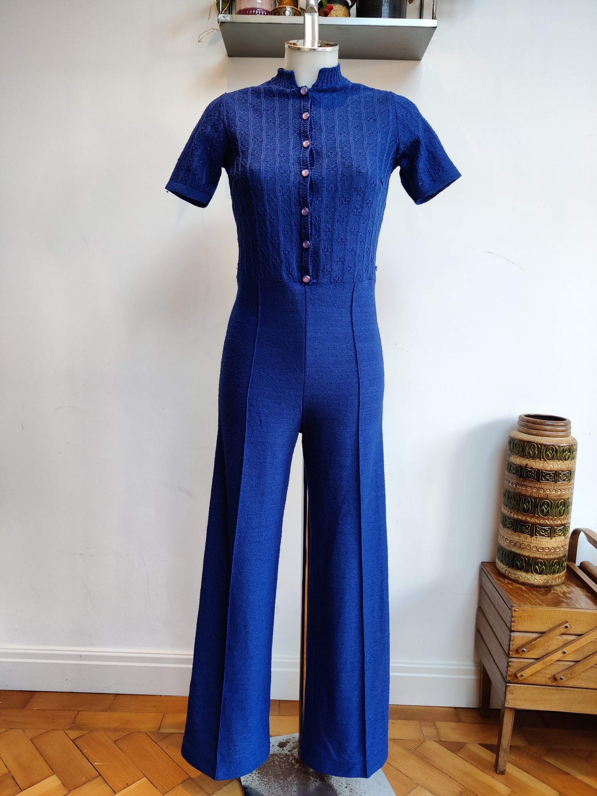 Vintage blue jumpsuit with short sleeves