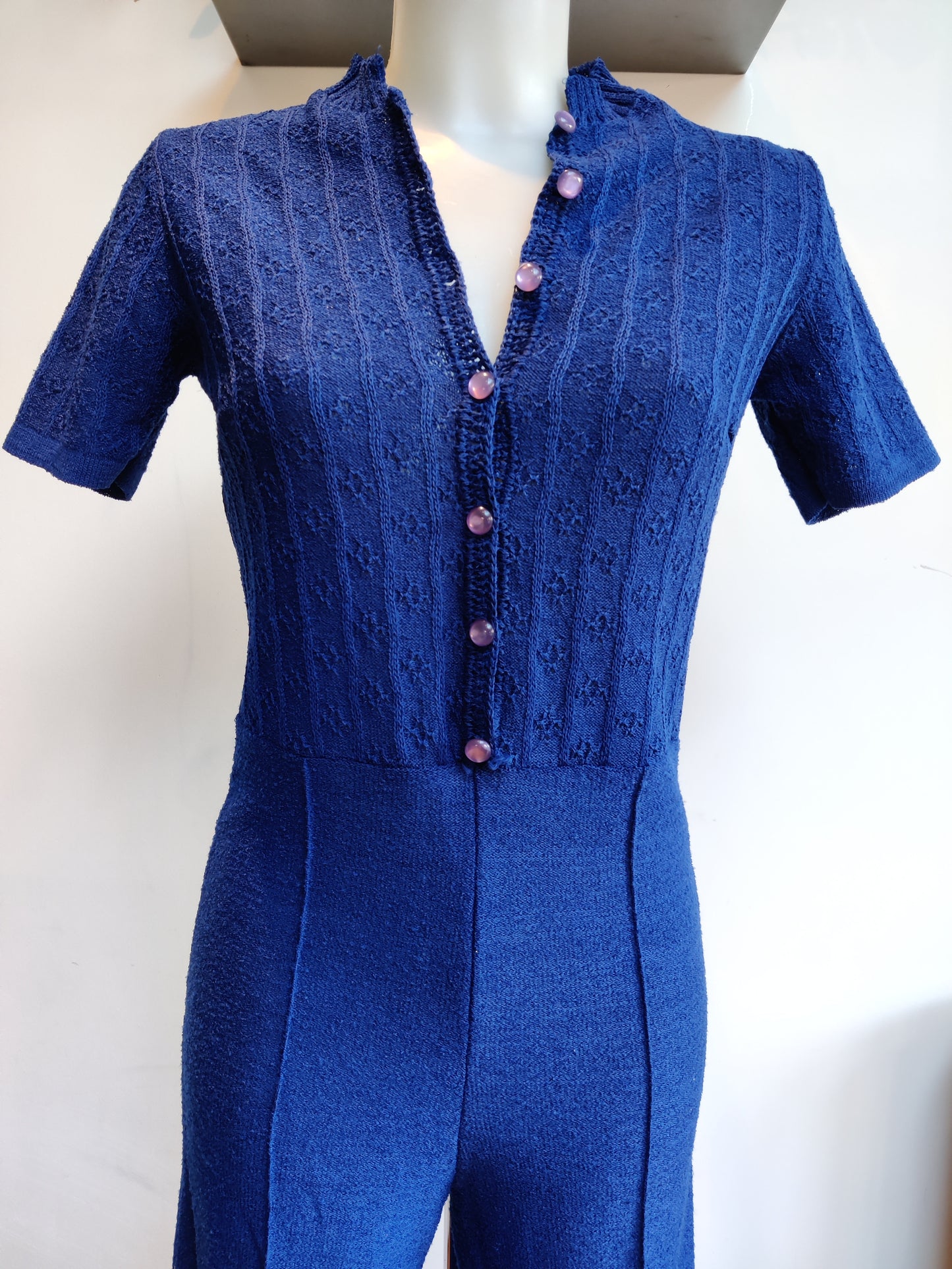 Small vintage jumpsuit in blue button down knit