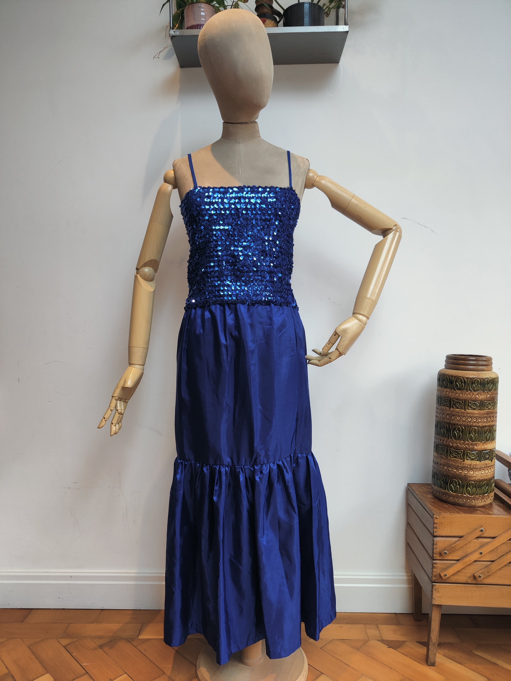 Blue vintage sequin top with spaghetti straps