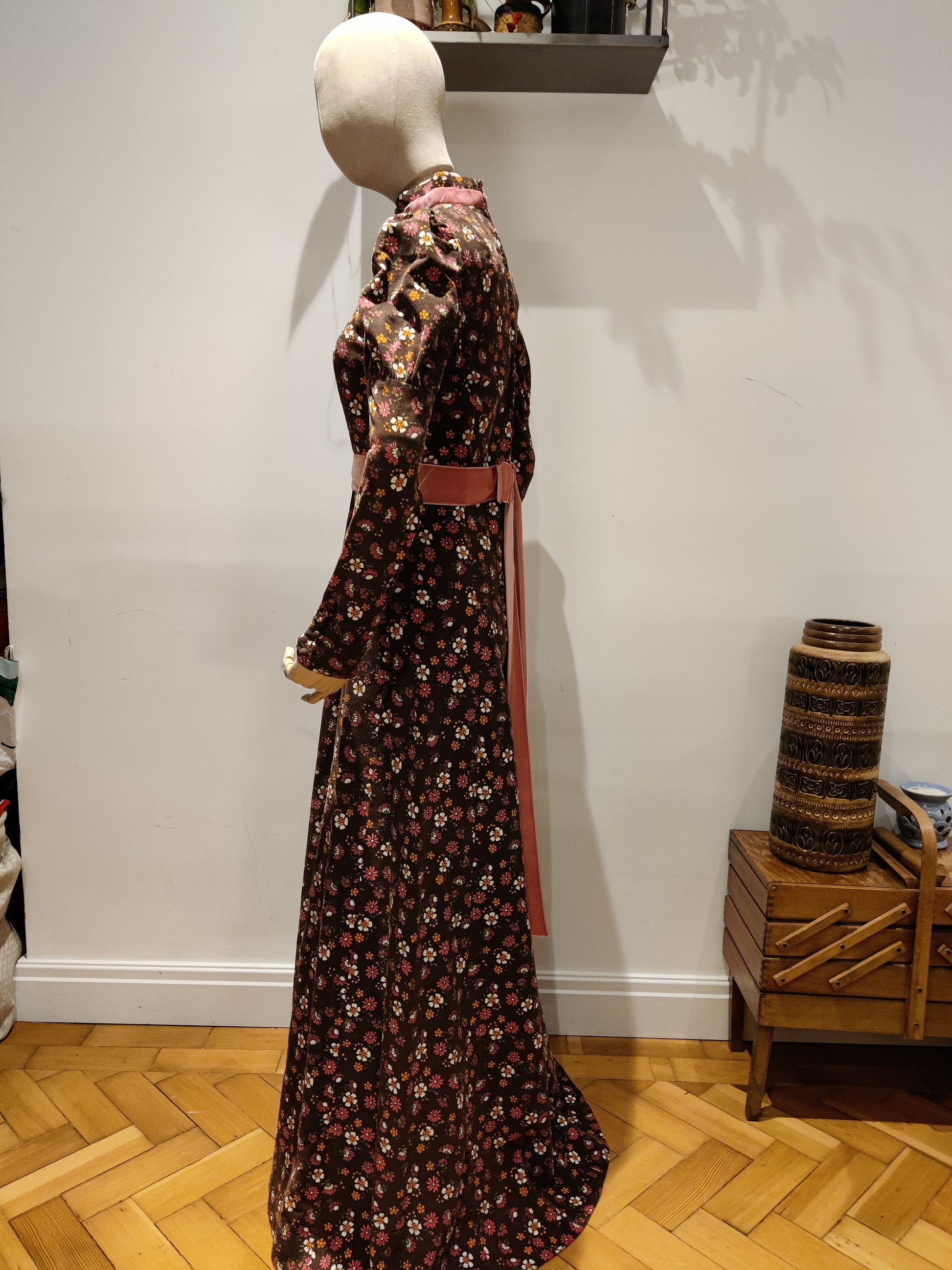 1970s floral maxi dress with leg of mutton sleeves.