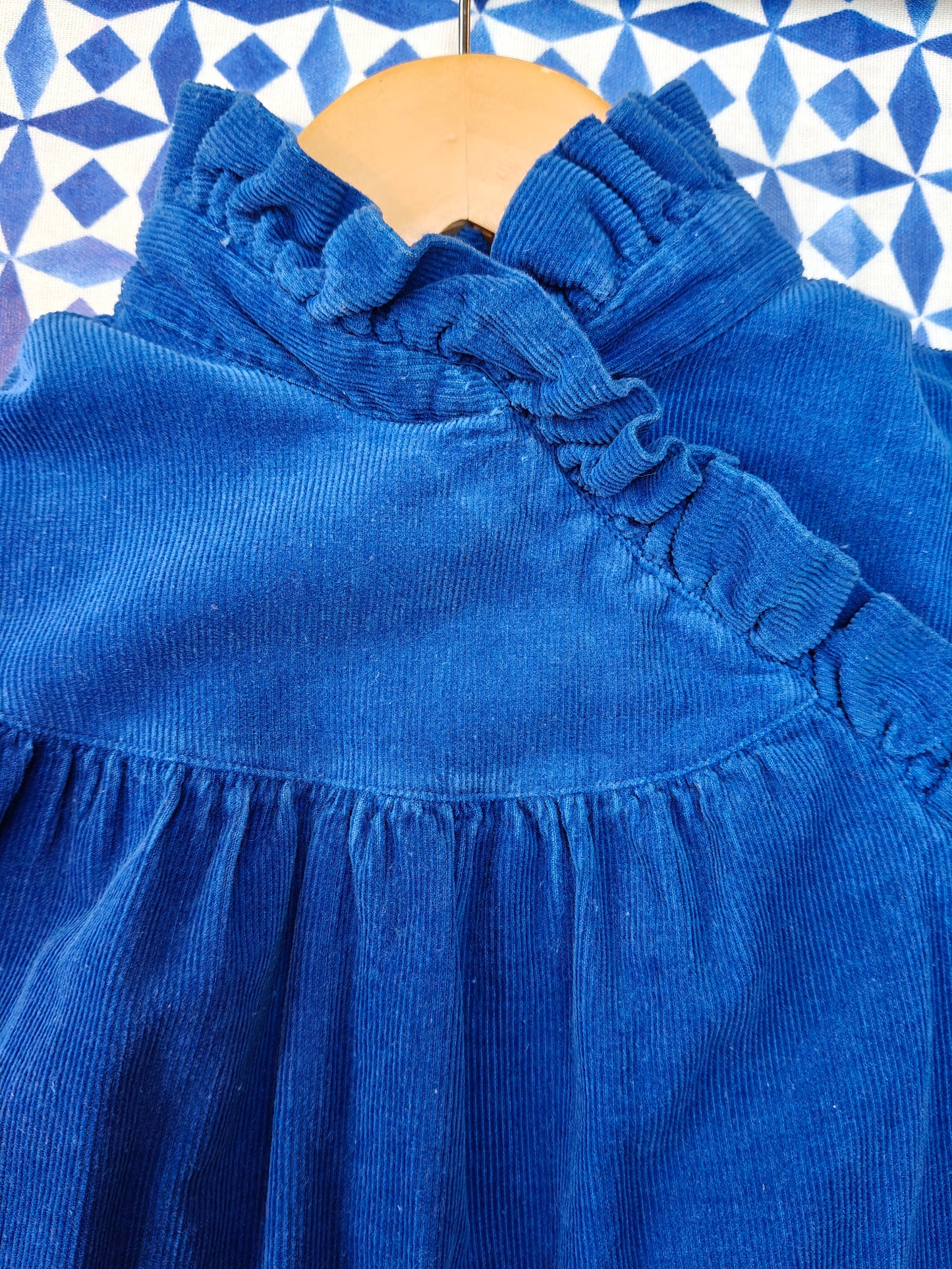 Blue corduroy Vintage Prairie style high neck ruffle shirt, size 10.