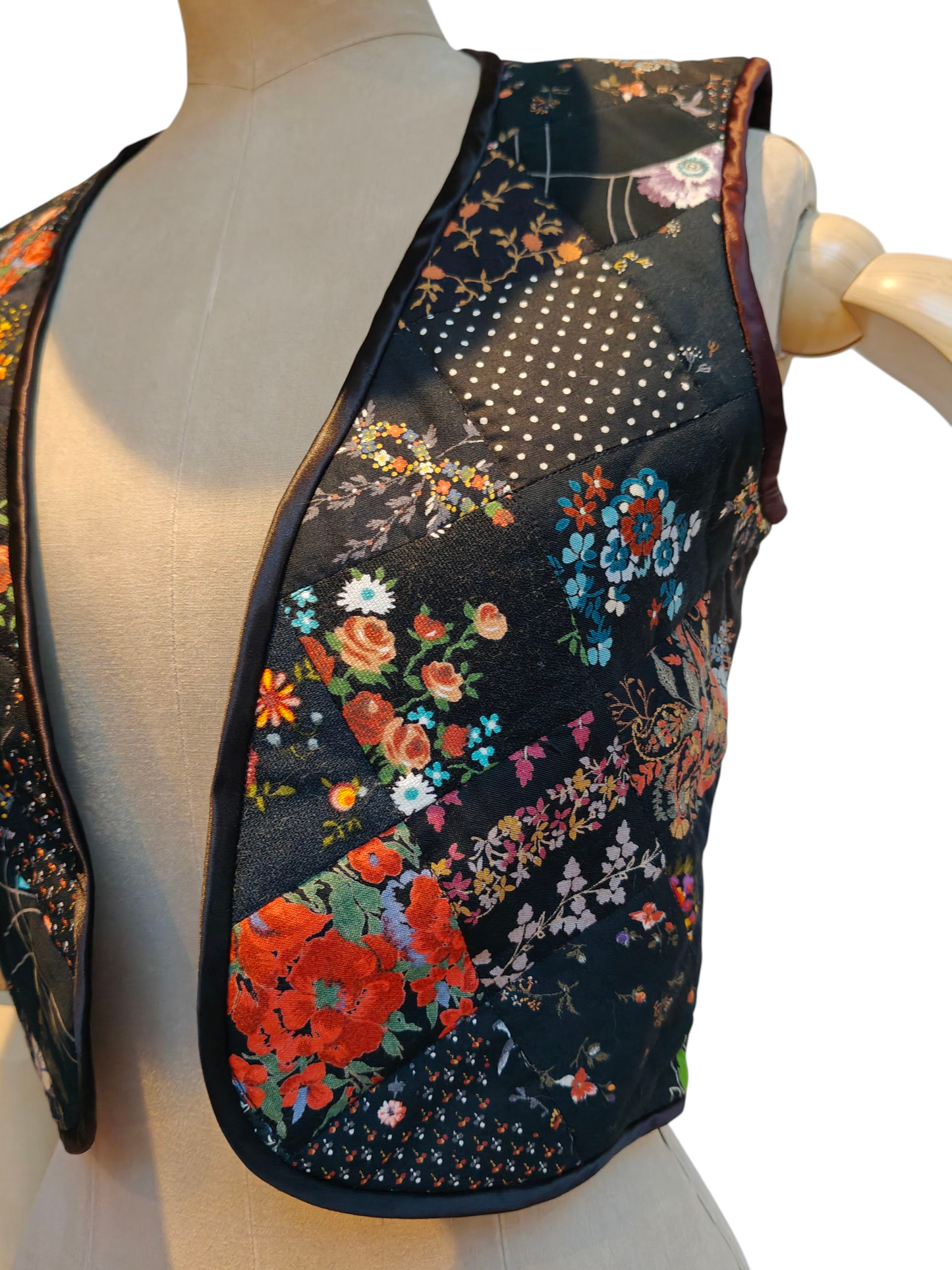1970's black patchwork quilted waistcoat Small.