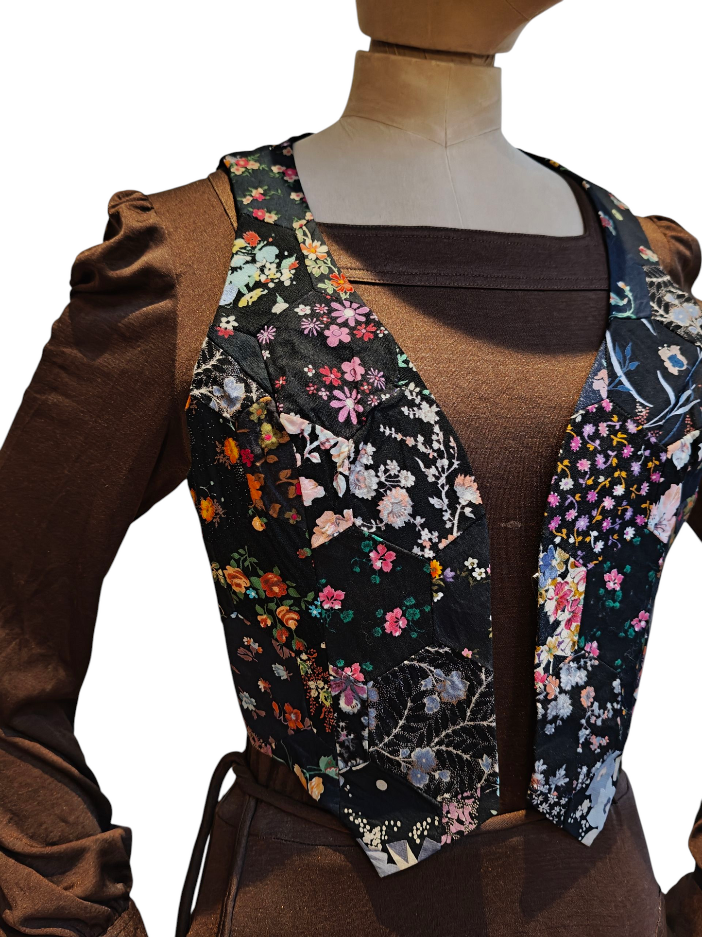1970's black floral patchwork waistcoat Small.