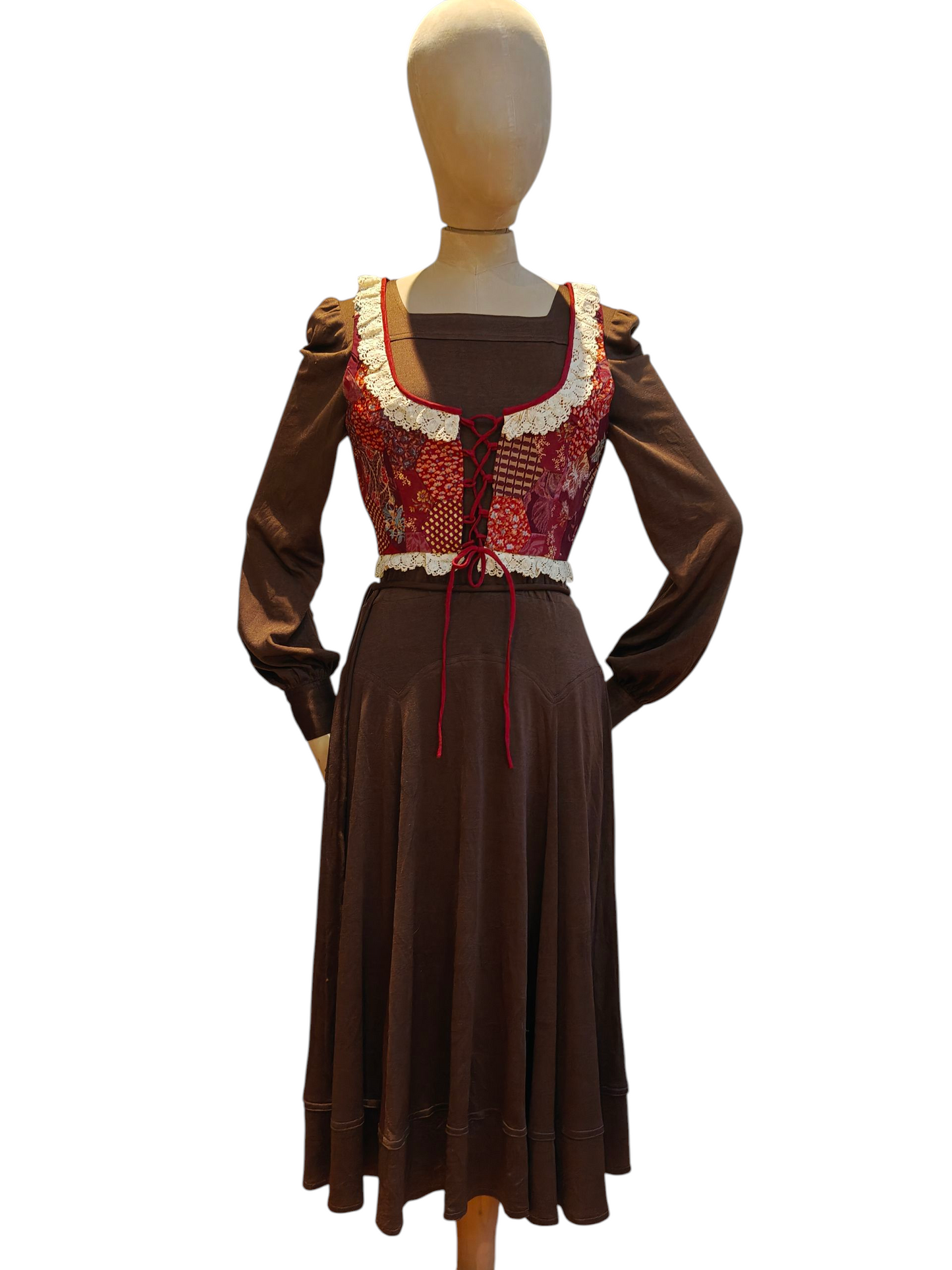 1970's burgundy patchwork prairie waistcoat with ivory lace. Small.