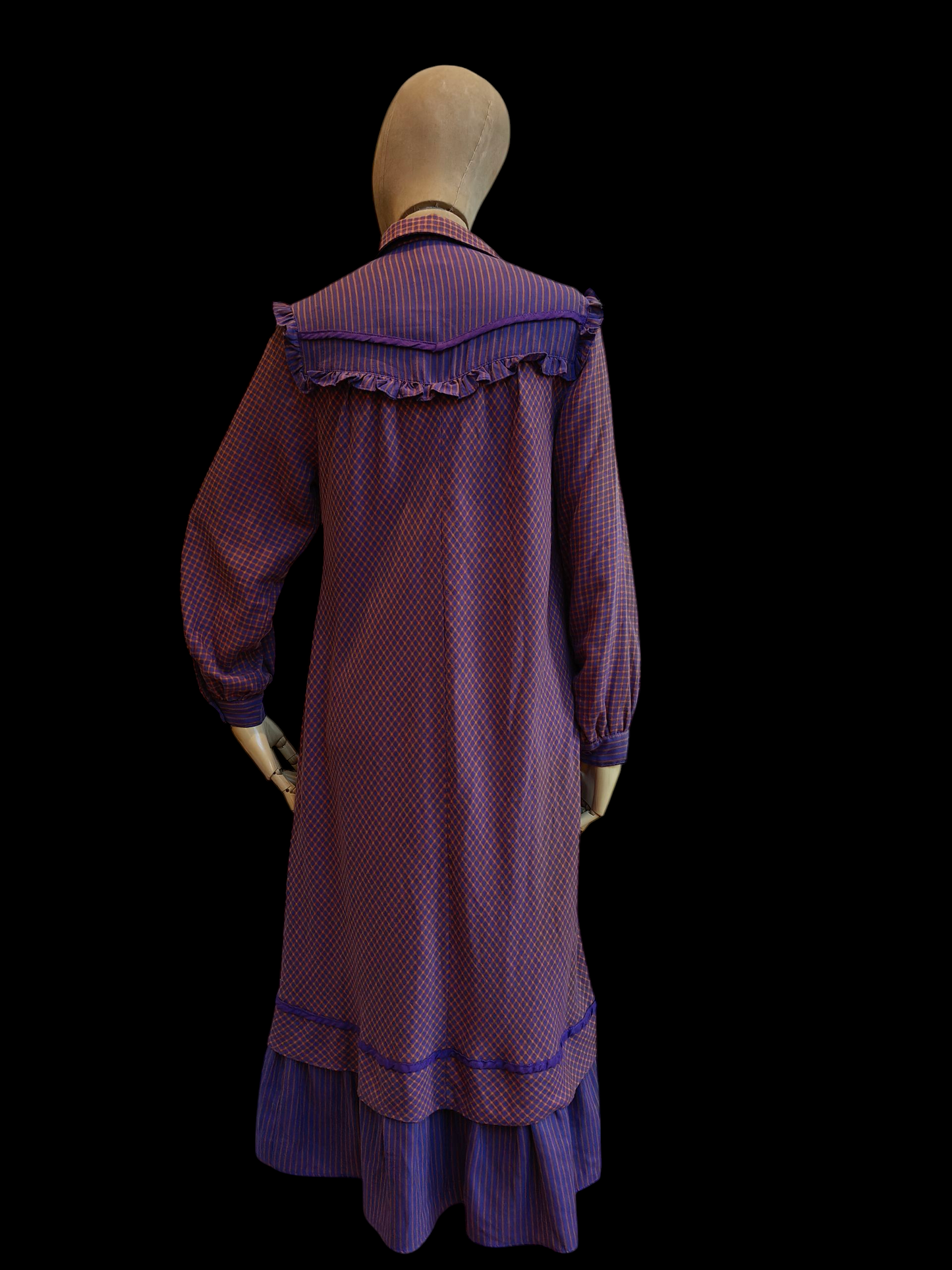 Purple and Orange checked 70's smock dress with frill bib