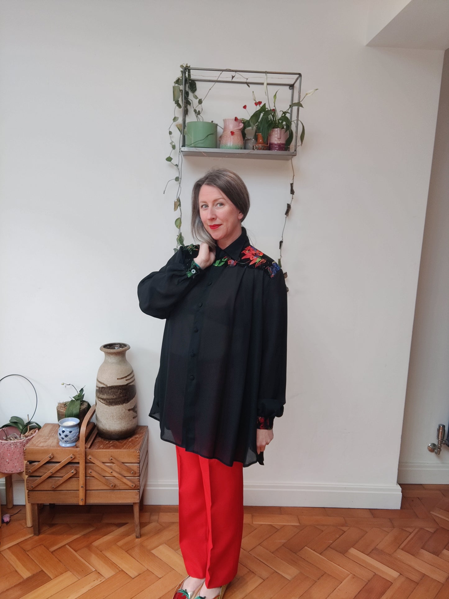 Beautiful semi sheer black blouse with sparkly collar