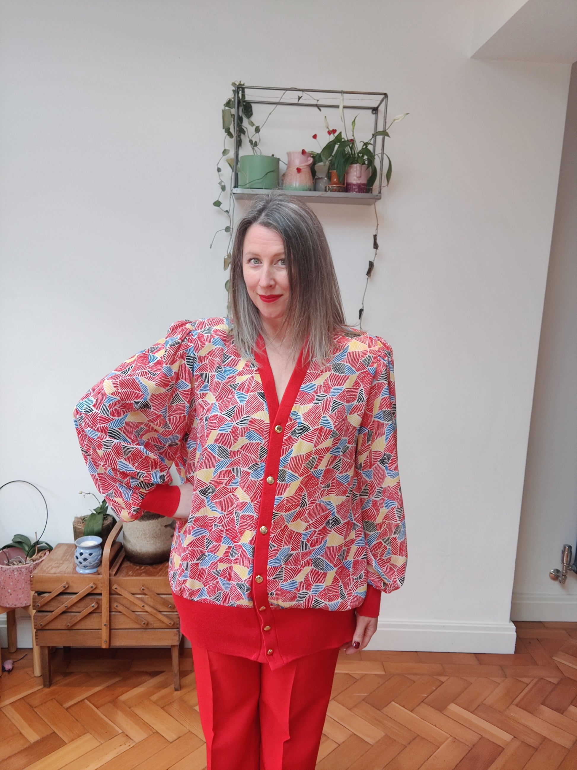 Red and blue plus size vintage cardigan