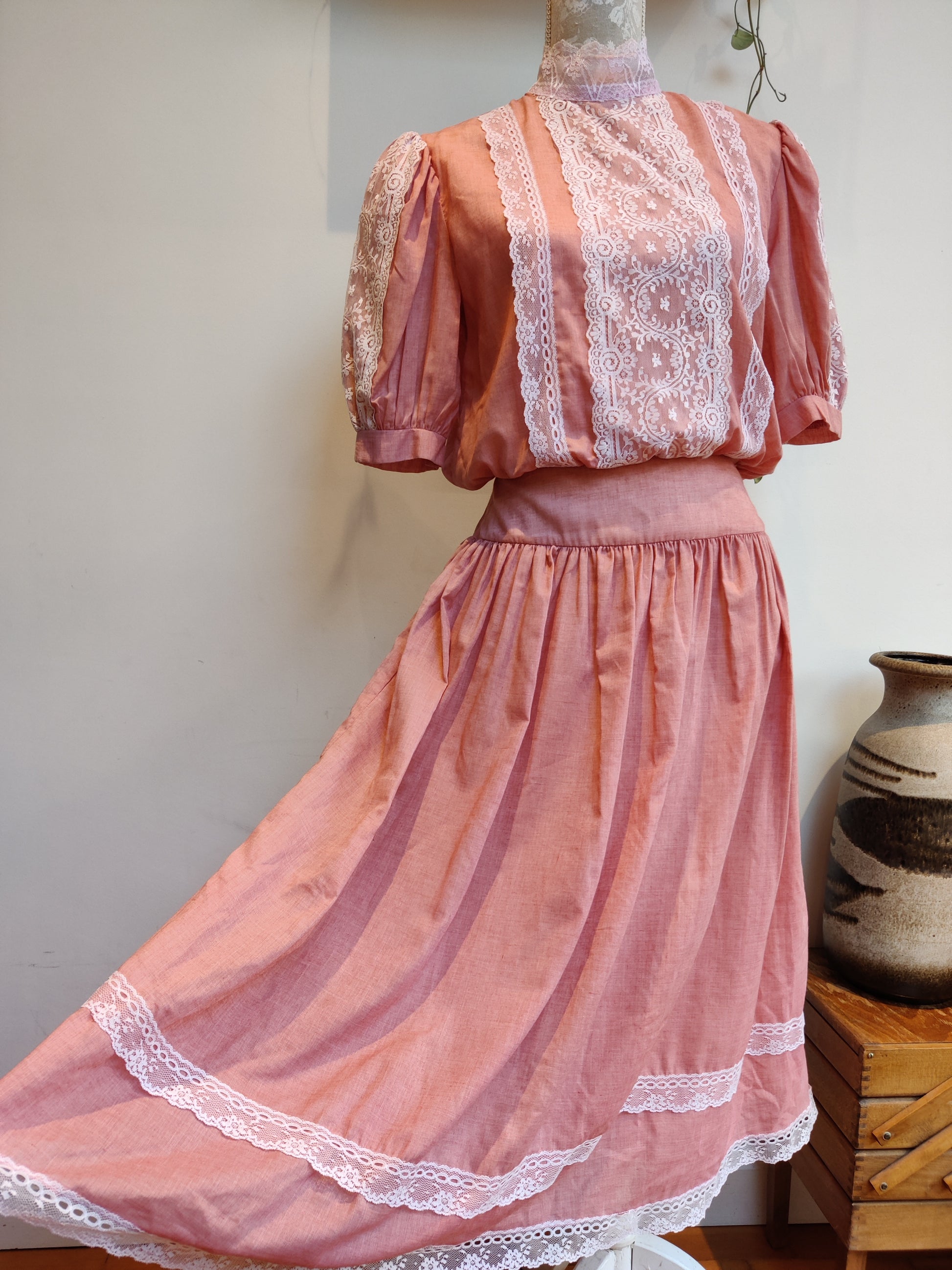 Pink and lace 80s Gunne Sax prairie dress
