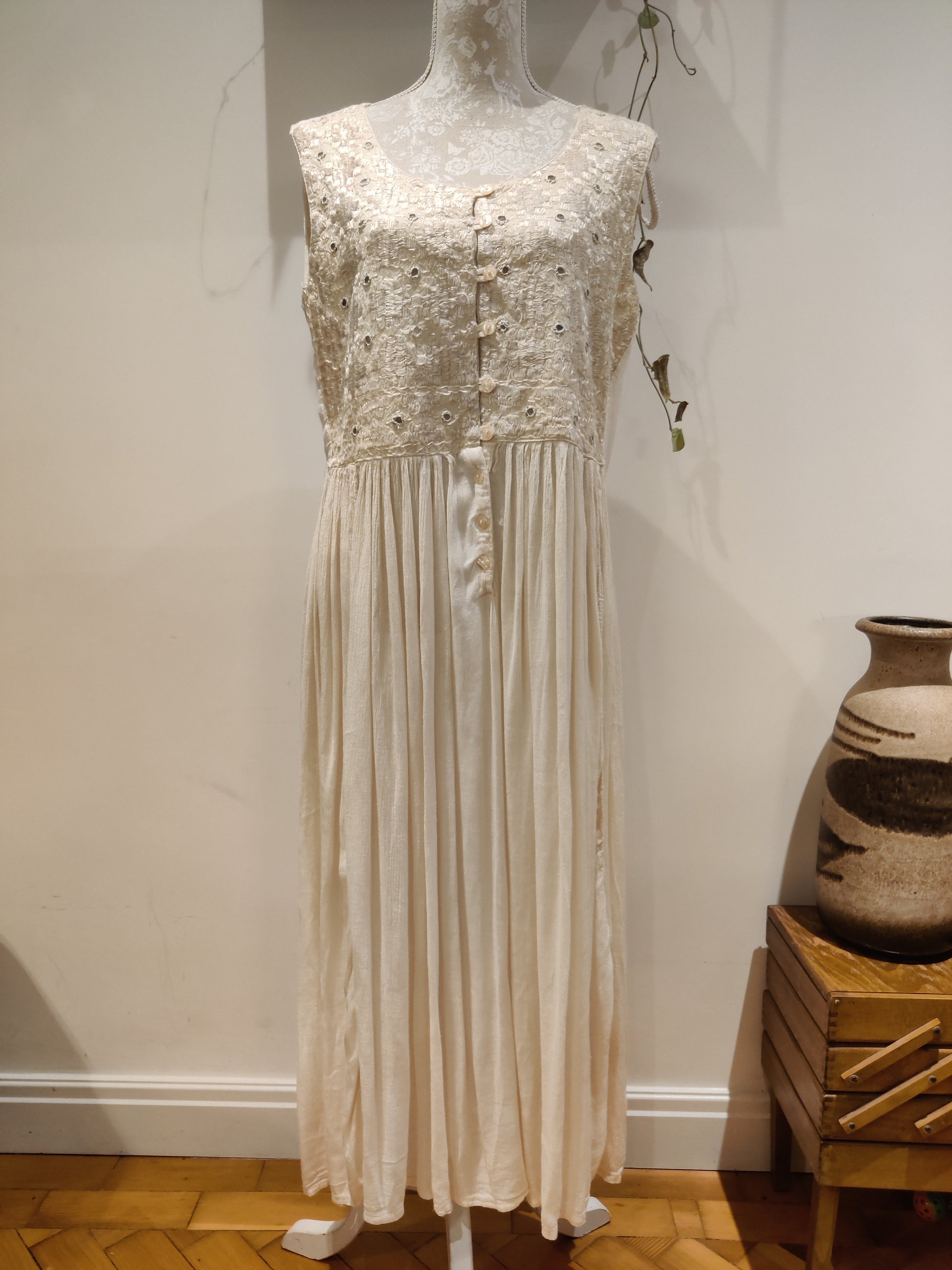 Cream vintage maxi dress, sleeveless.