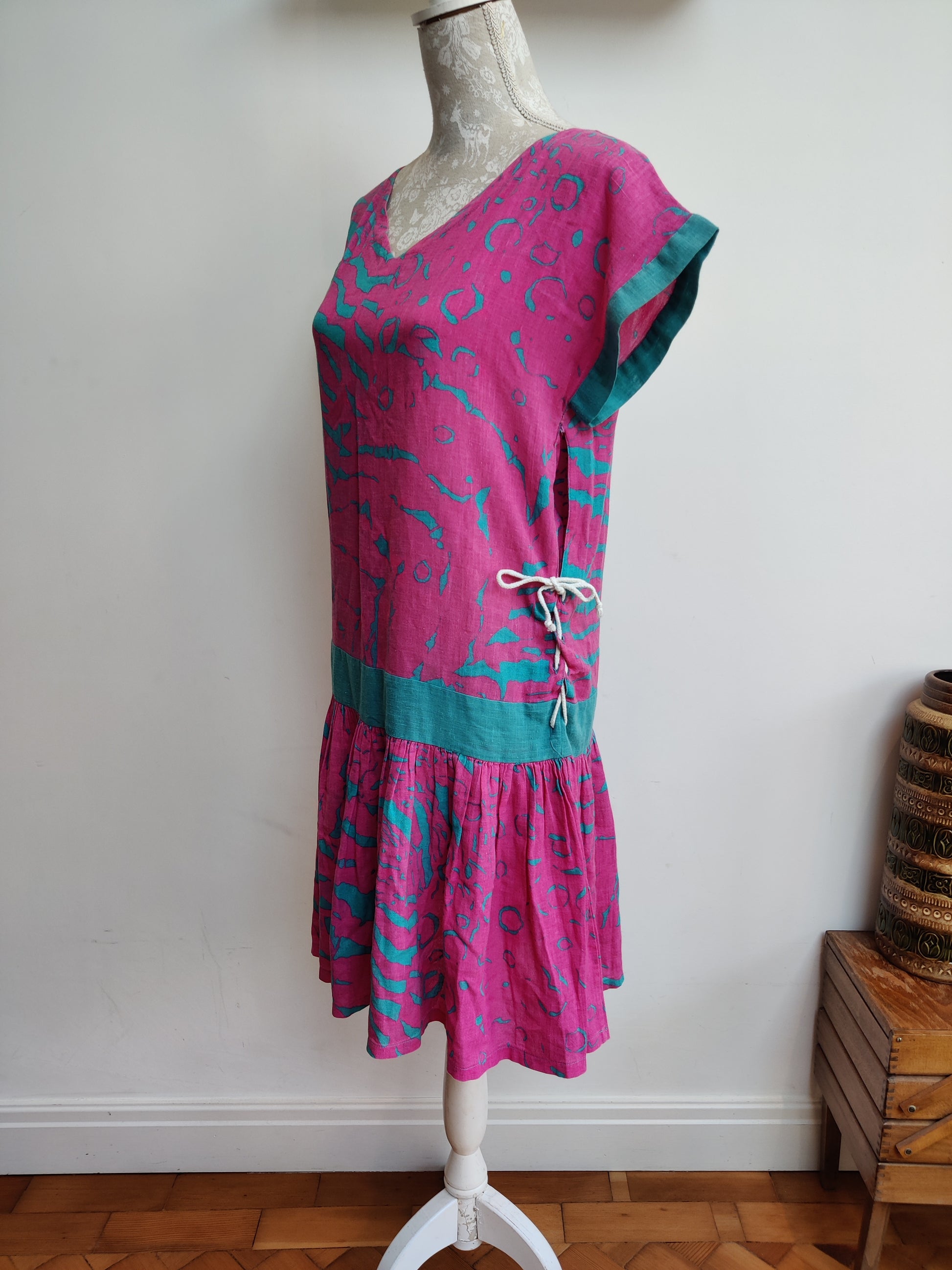 Blue and pink 80s abstract dress with tie sides.