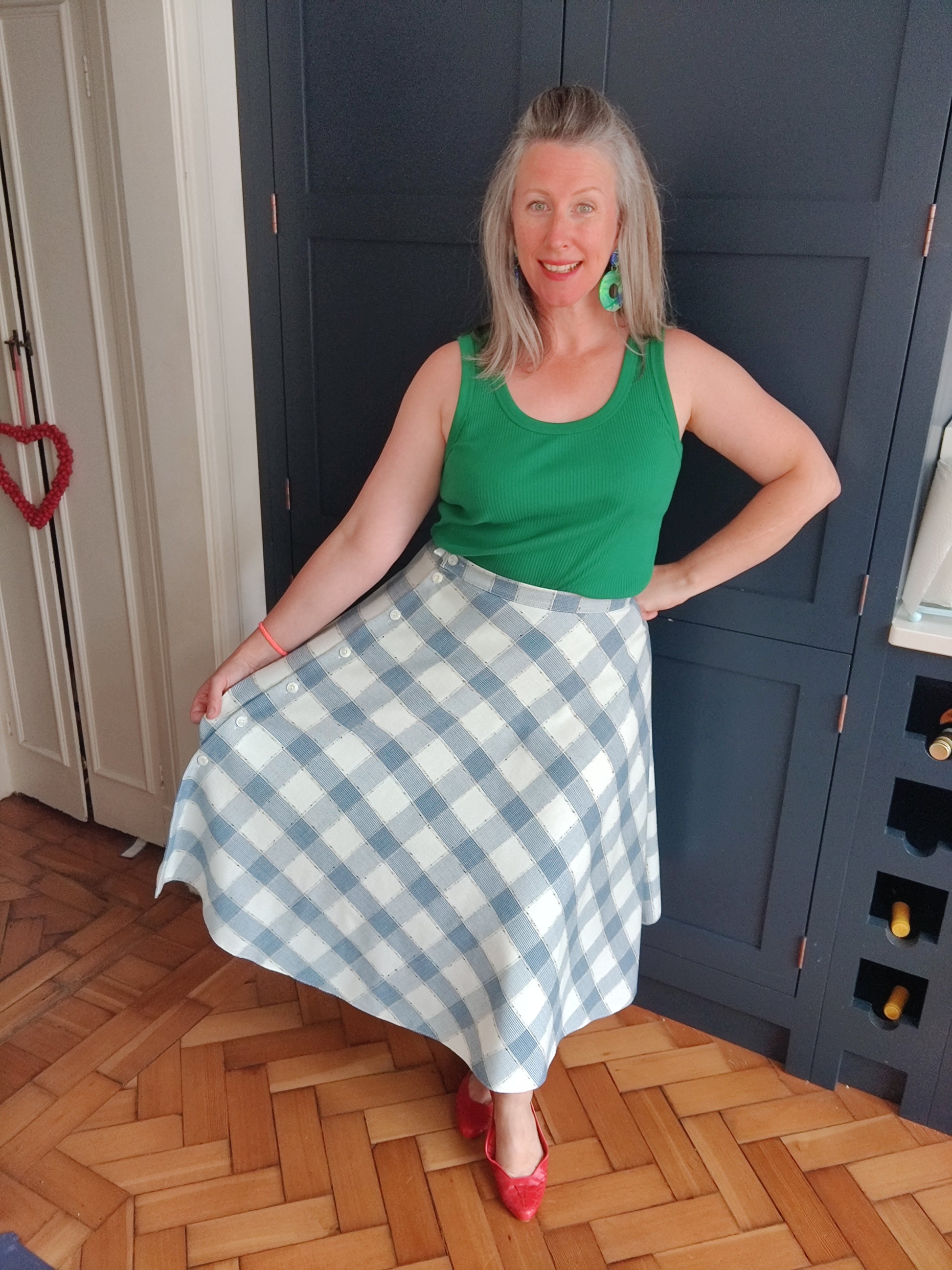 blue and white checked 70s skirt