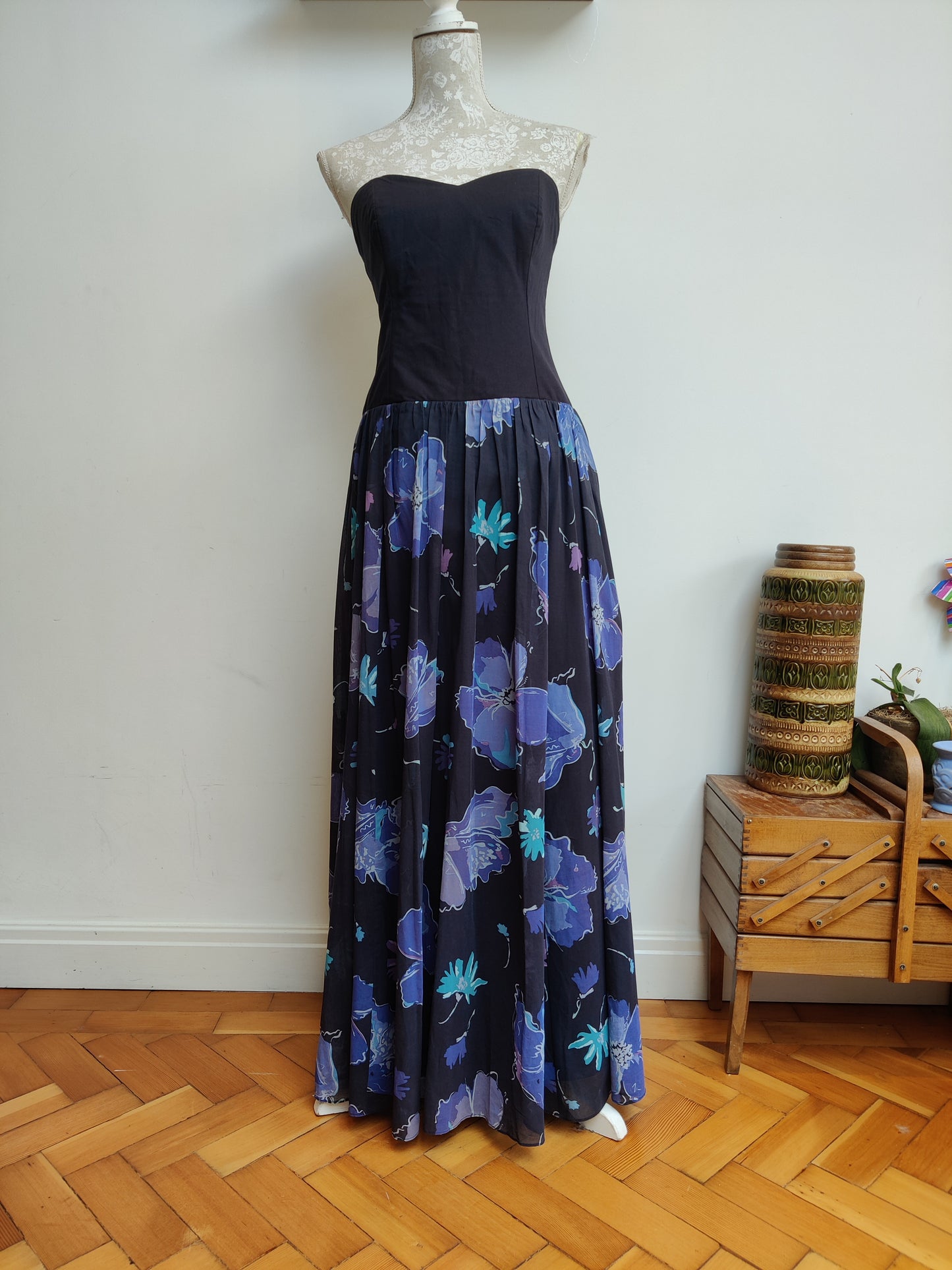 Black and blue floral Laura Ashley 80s dress.