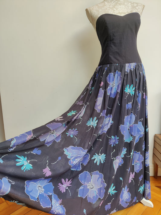 INcredible vintage Laura Ashley strapless maxi dress. black floral.