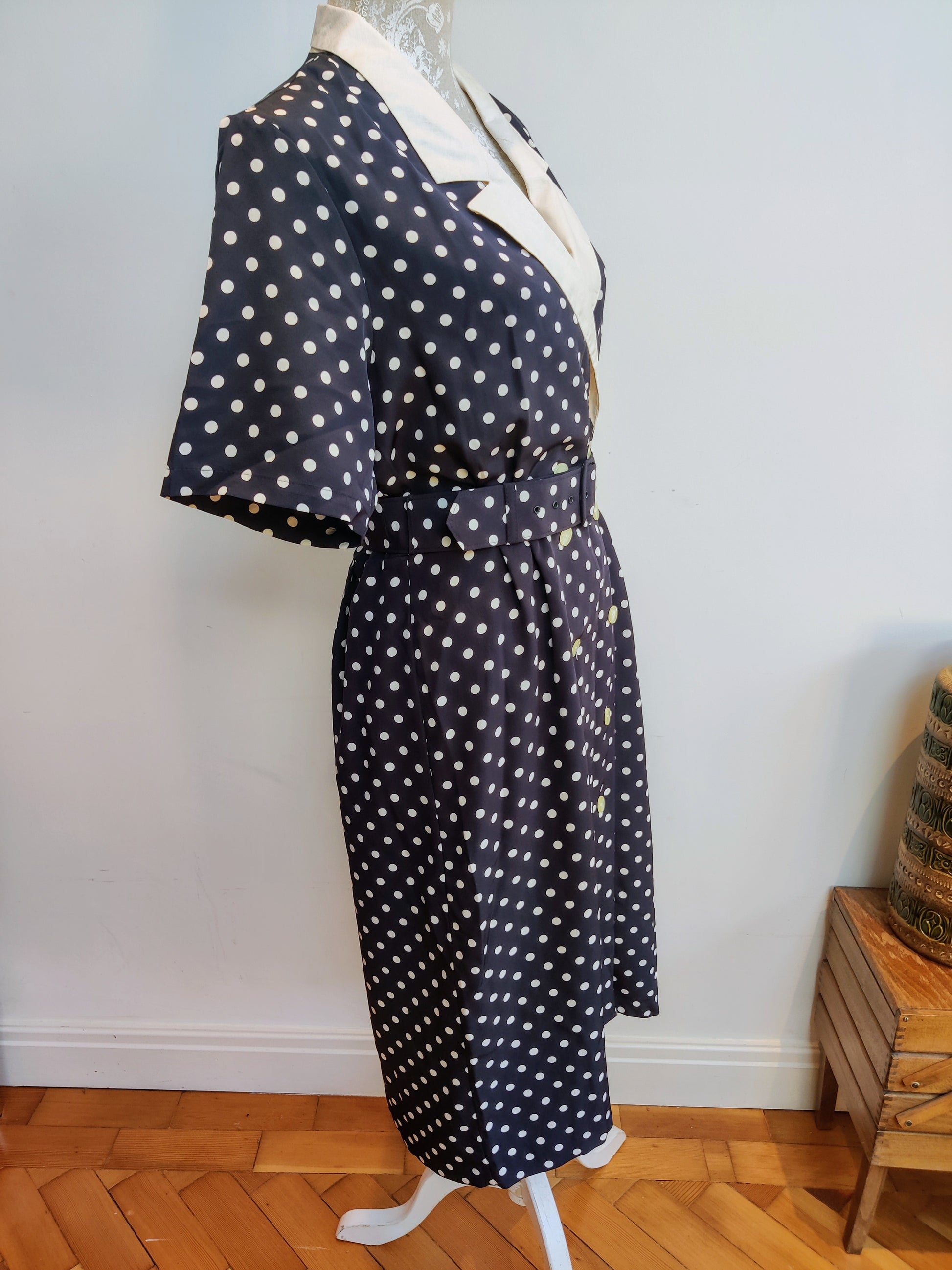 Navy polka dot vintage dress with belt