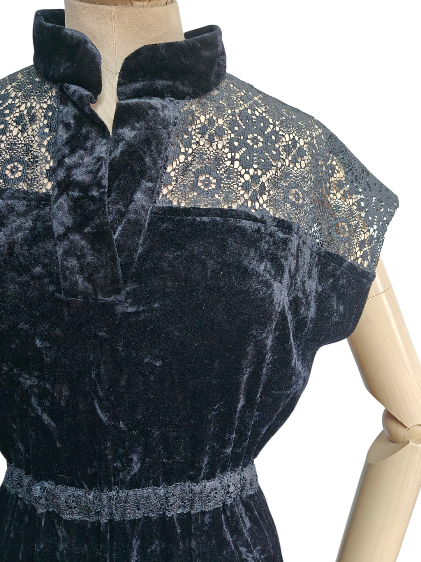 Incredible vintage black velvet dress with lace shoulders