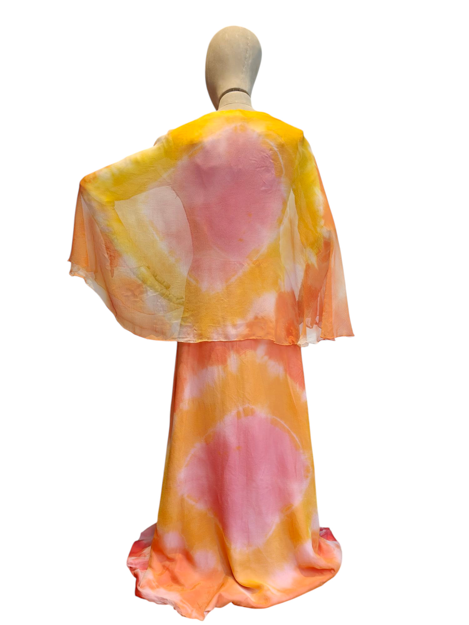 Incredible vintage caped maxi dress in pink and orange tie dye