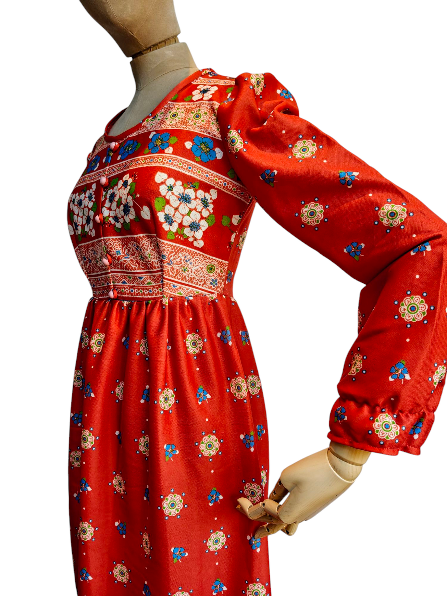 Long sleeve 70's maxi dress in orange with blue flowers