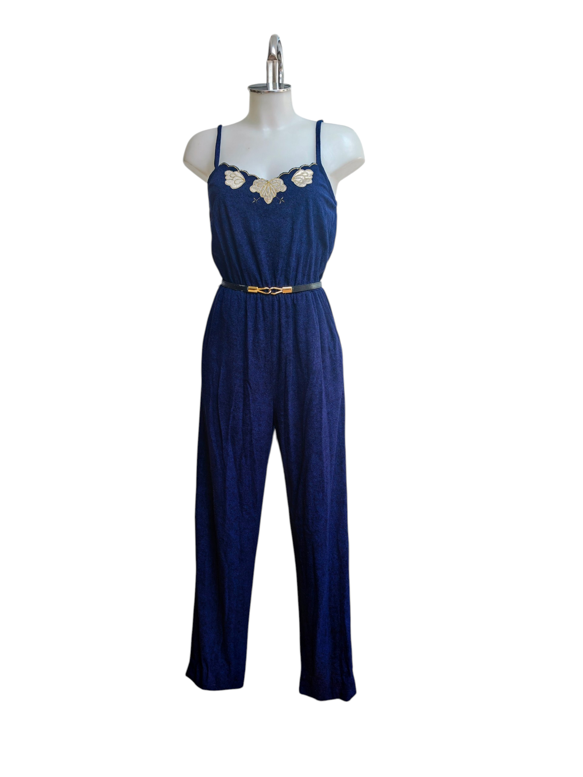 Navy blue jumpsuit on a mannequin against a white background