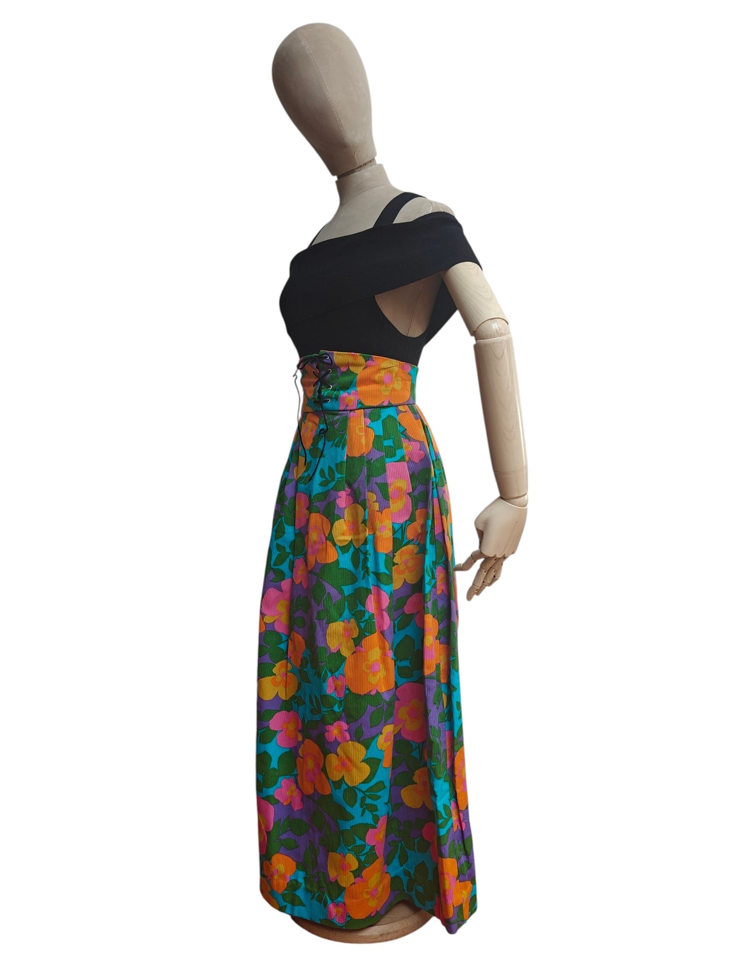 Orange, pink and purple flowers on a blue background maxi skirt