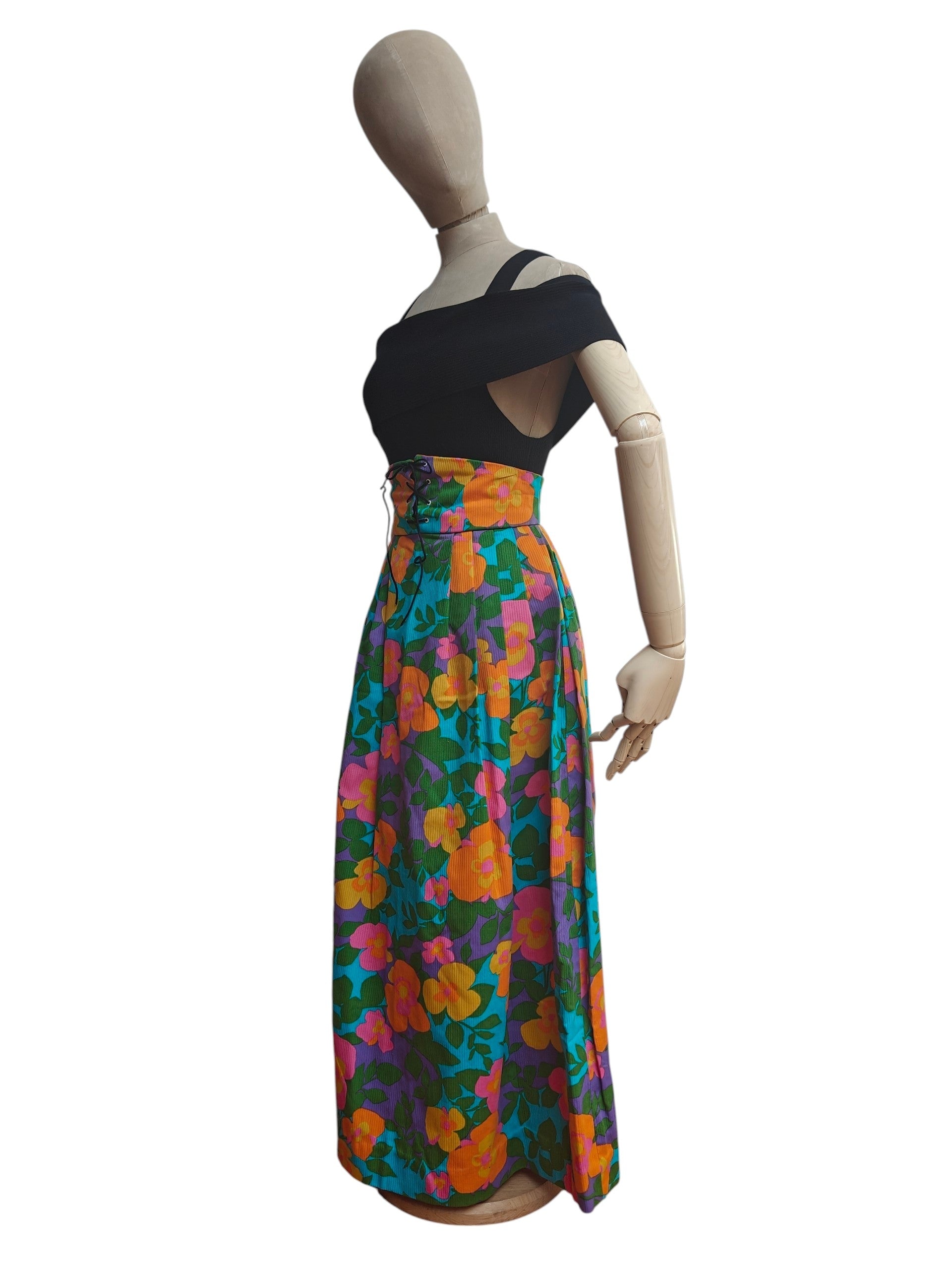 Orange, pink and purple flowers on a blue background maxi skirt