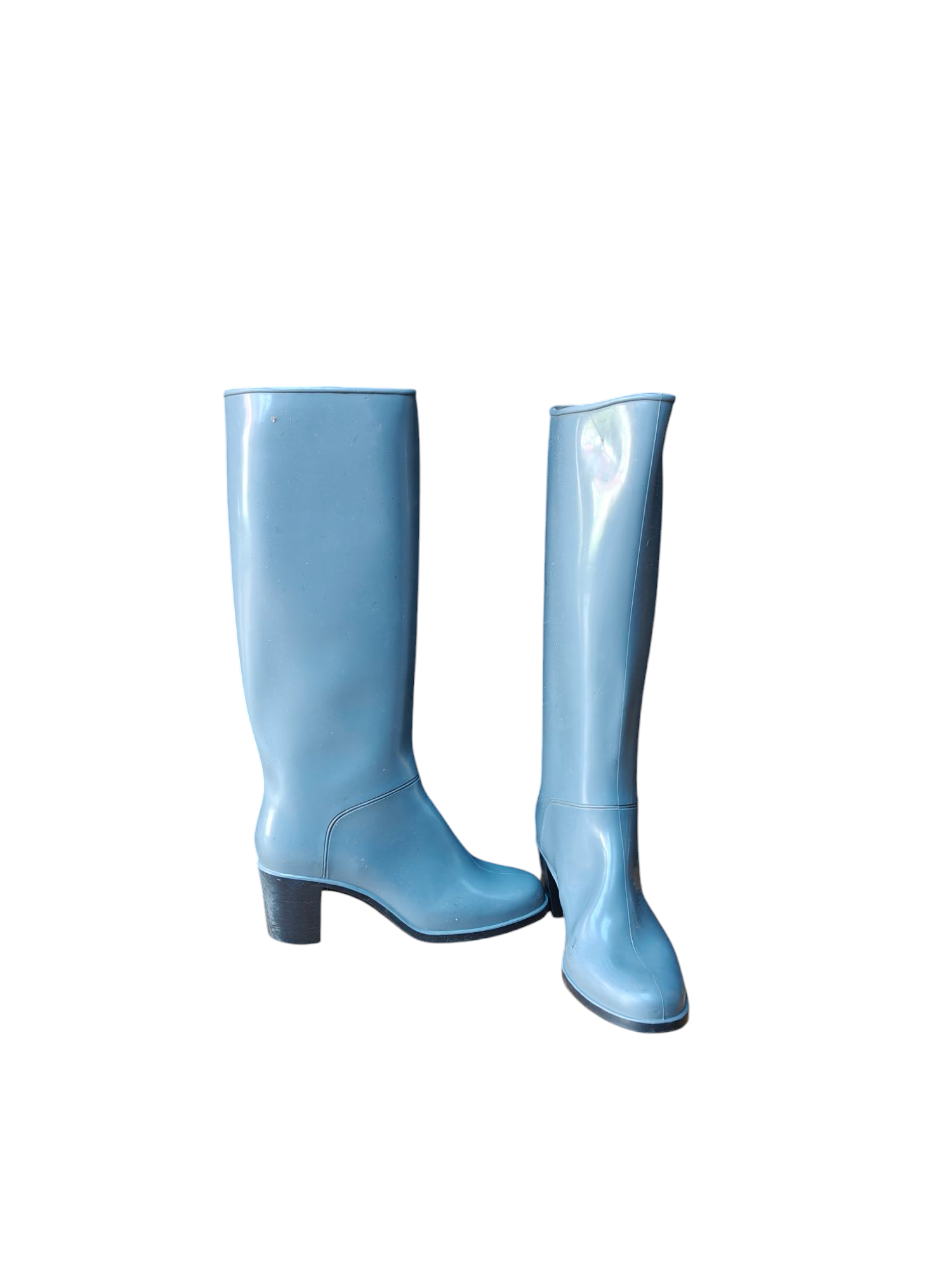 Pale blue vintage rubber boots with black heel