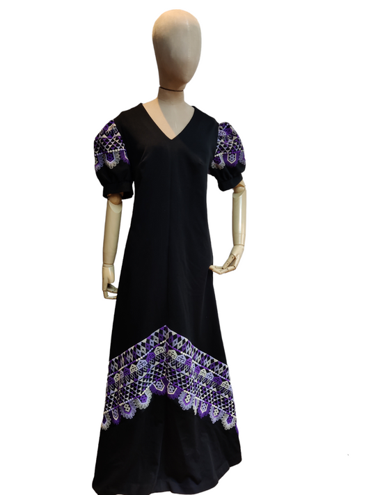 Fabulous black vintage maxi dress with purple embroidery. Size 16