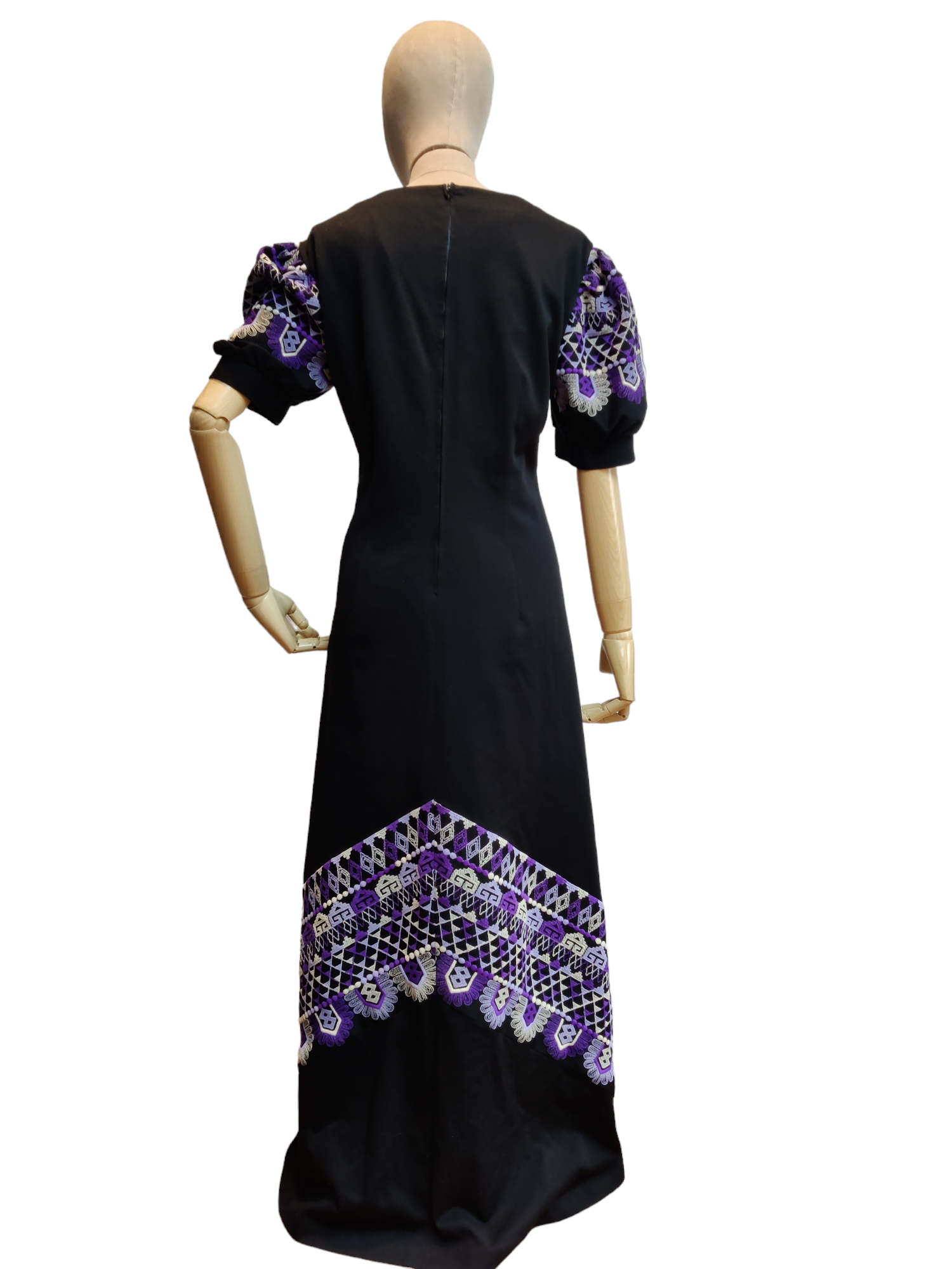 Beautiful vintage maxi dress in black with purple embroidery.