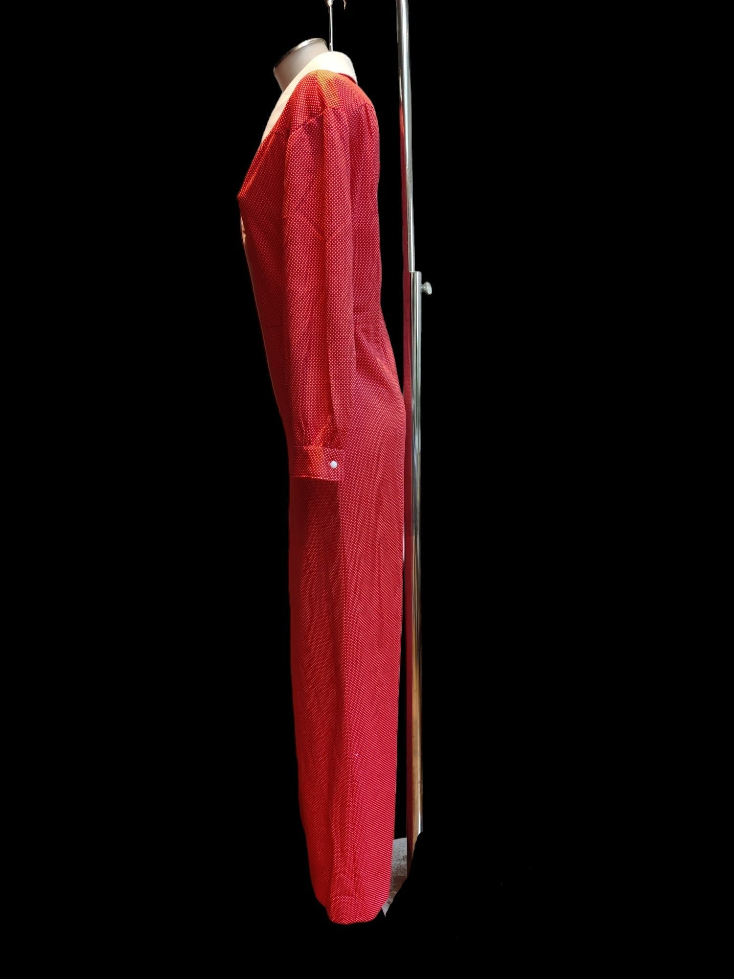 1970's red flared jumpsuit with white collar 12-14.