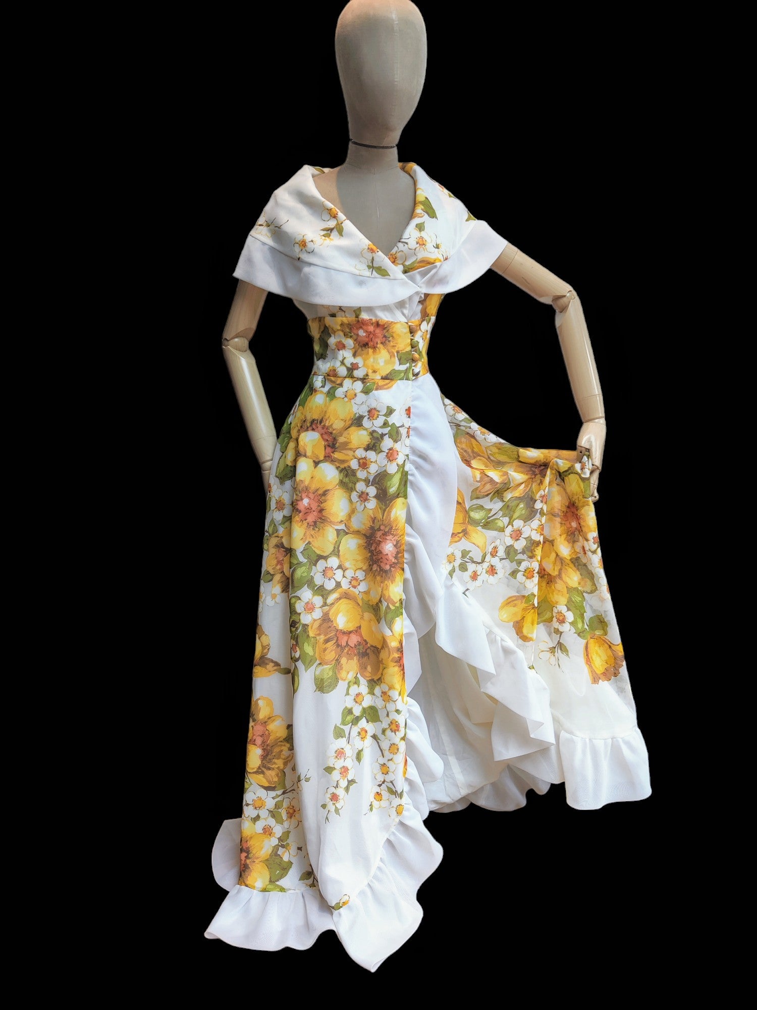 The most beautiful white maxi dress with yellow flowers and wrap style