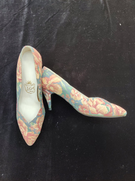 Pink and blue 80s floral heeled shoes 