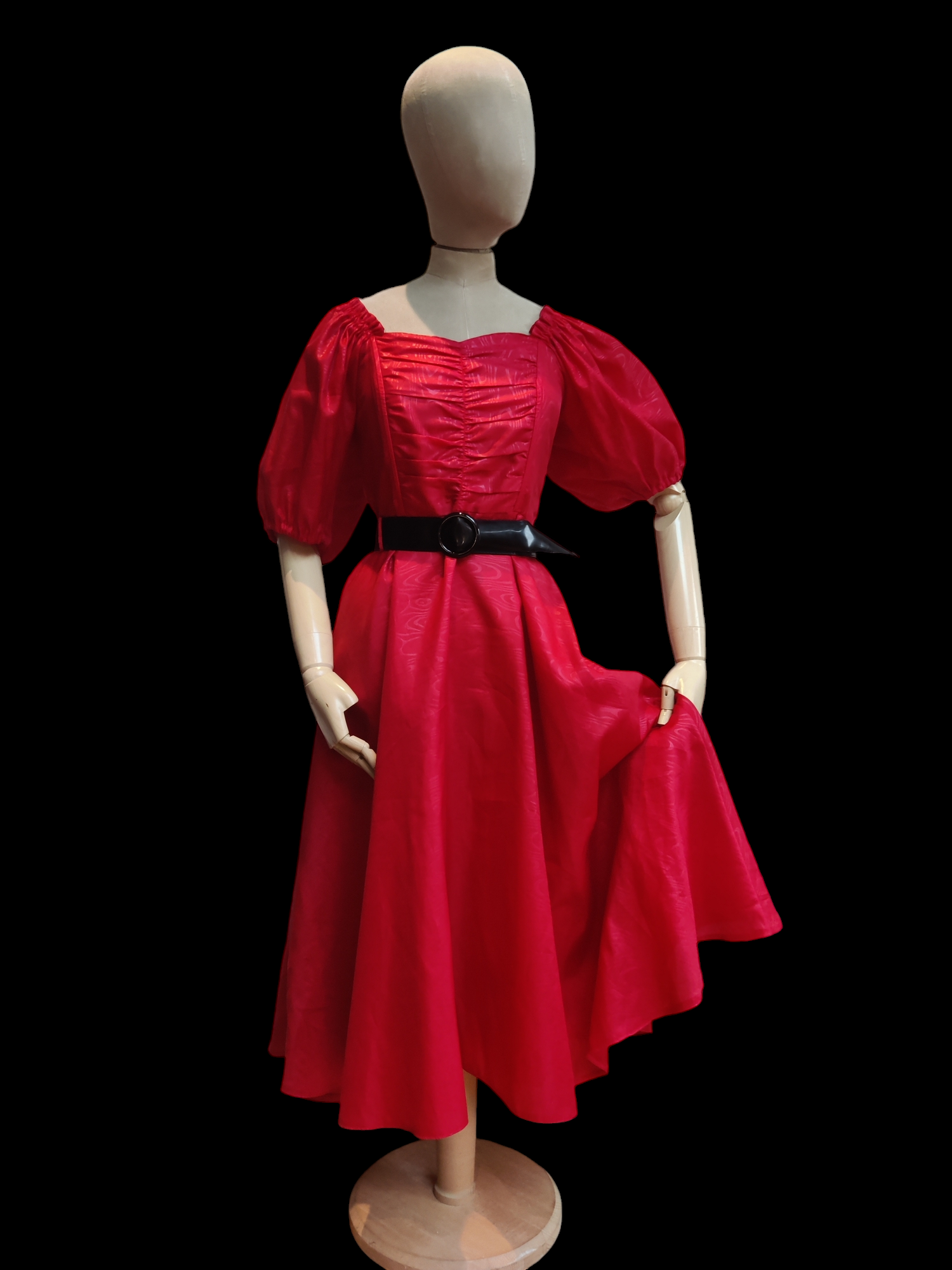 Red and black fit and flare midi dress
