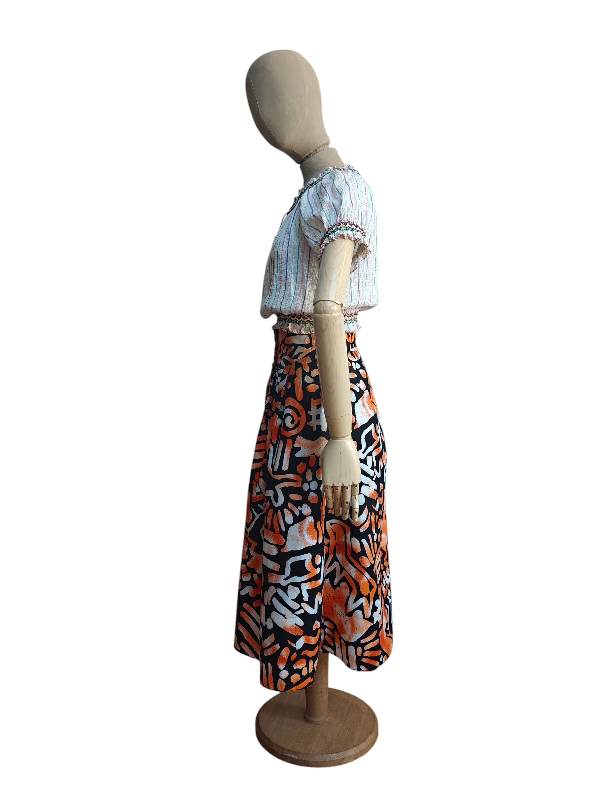 Retro midi skirt with orange and black print