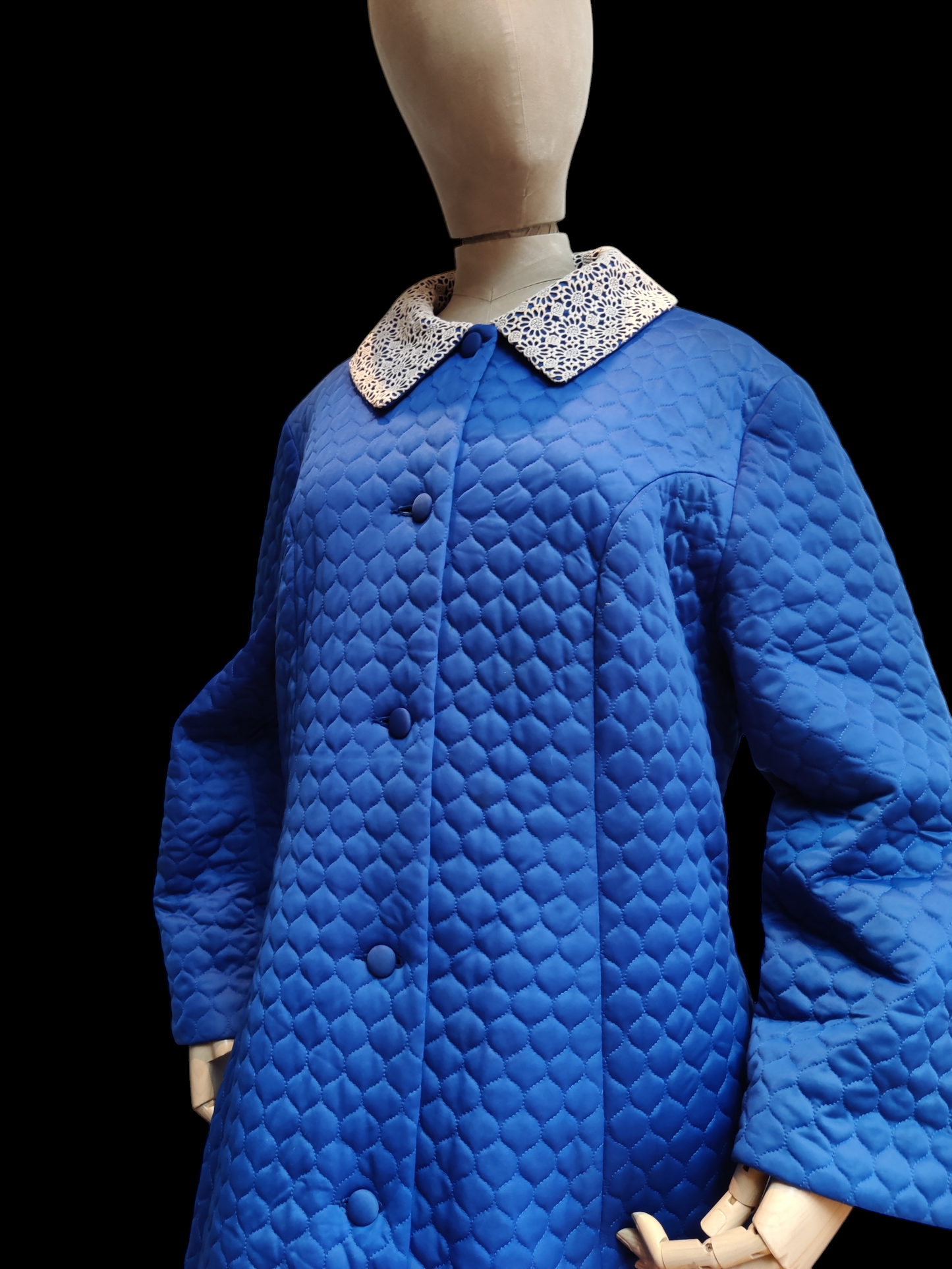 Stunning blue quilted housecoat with lace collar