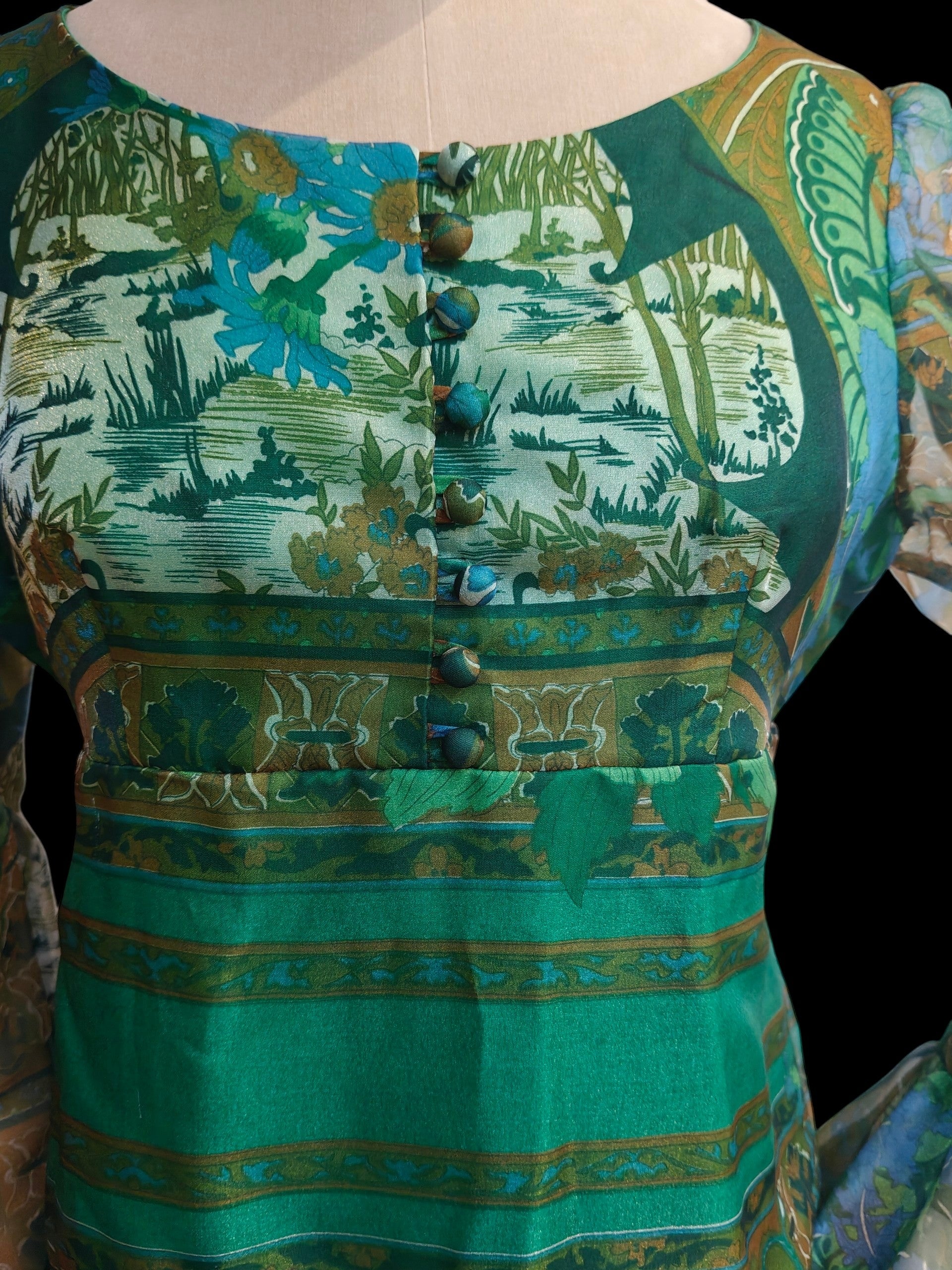 Close-up of a patterned garment with green and blue colors.