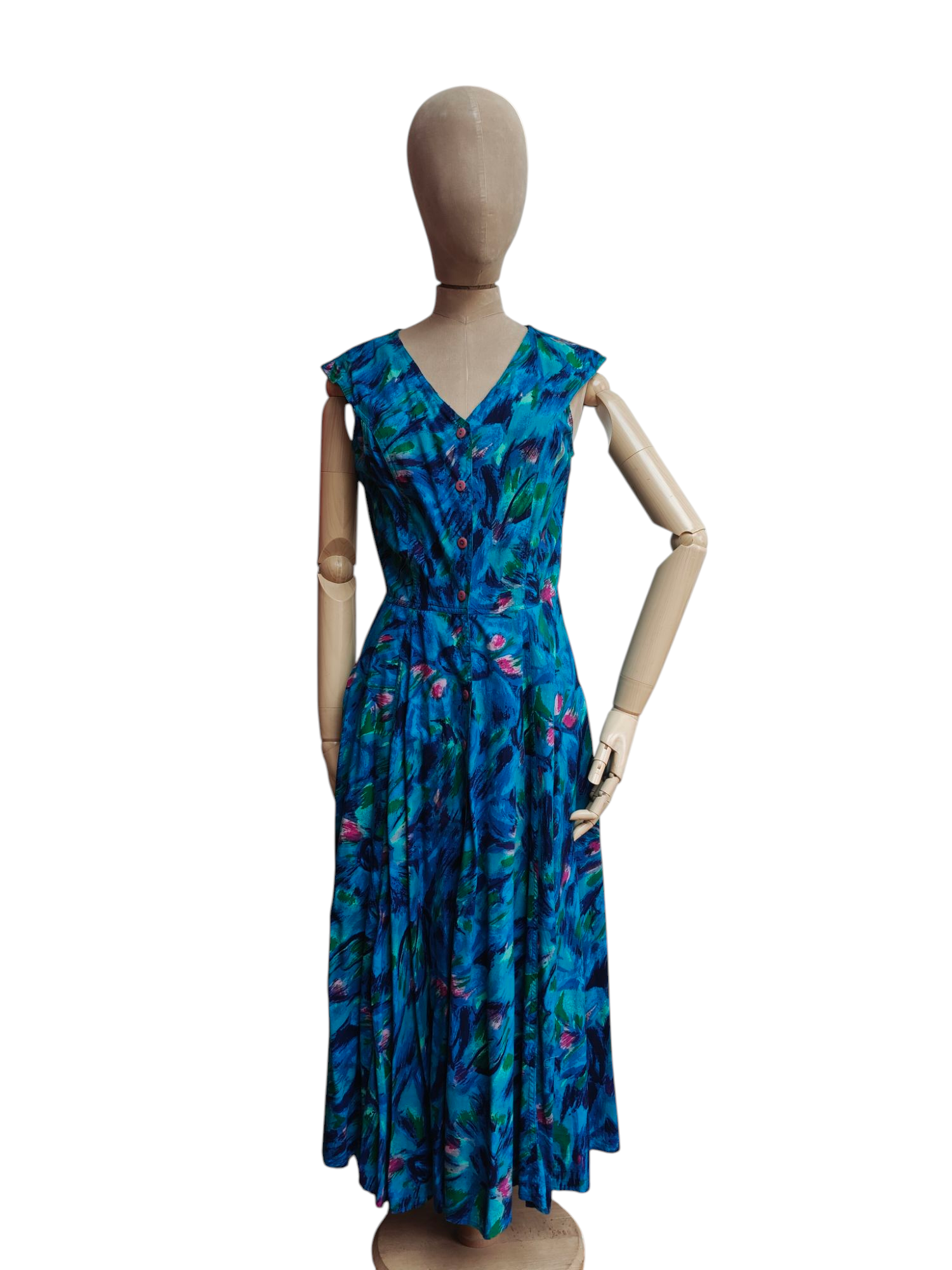 Vintage midi dress with blue and pink abstract print