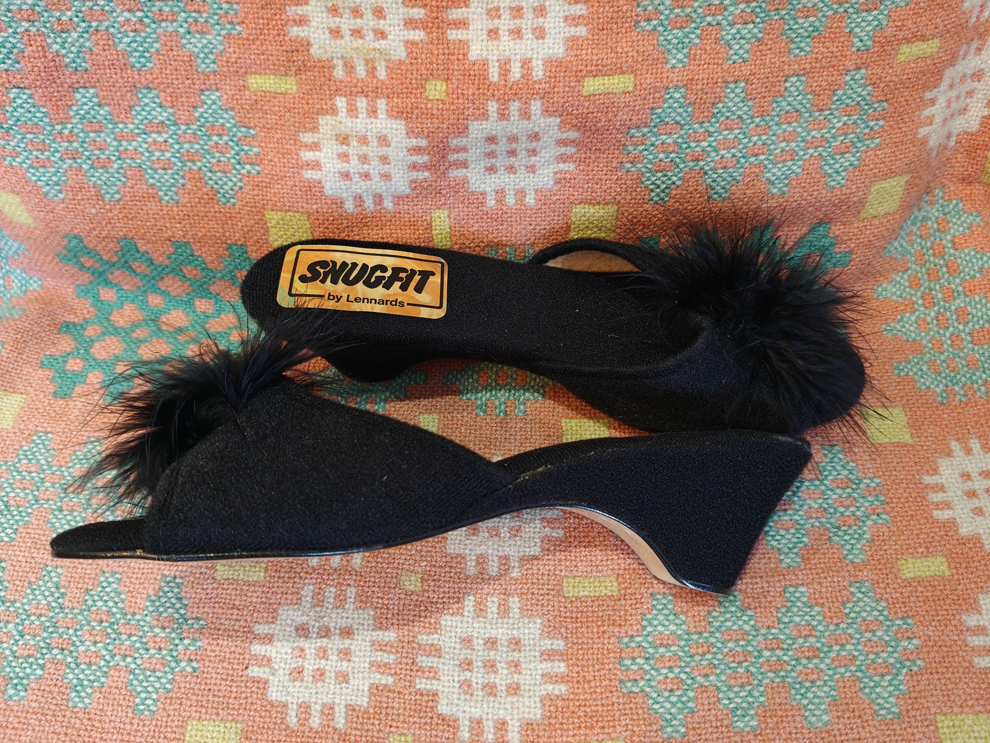 Vintage peep toe black wedge shoes with feather trim