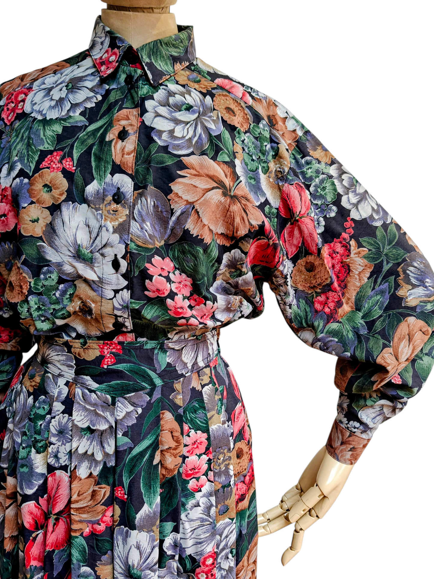 Vintage skirt and shirt set in black and pink floral design