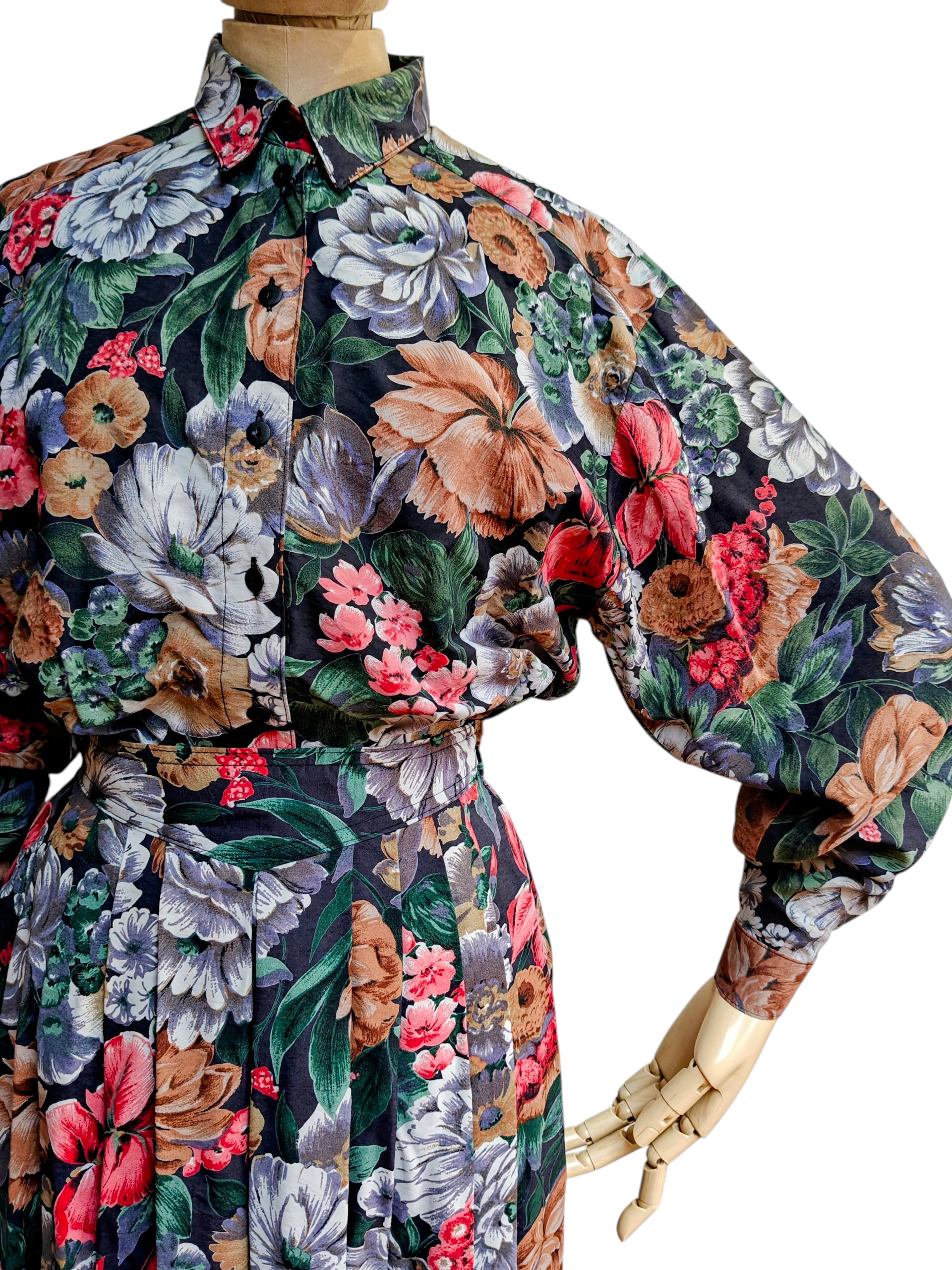Vintage skirt and shirt set in black and pink floral design