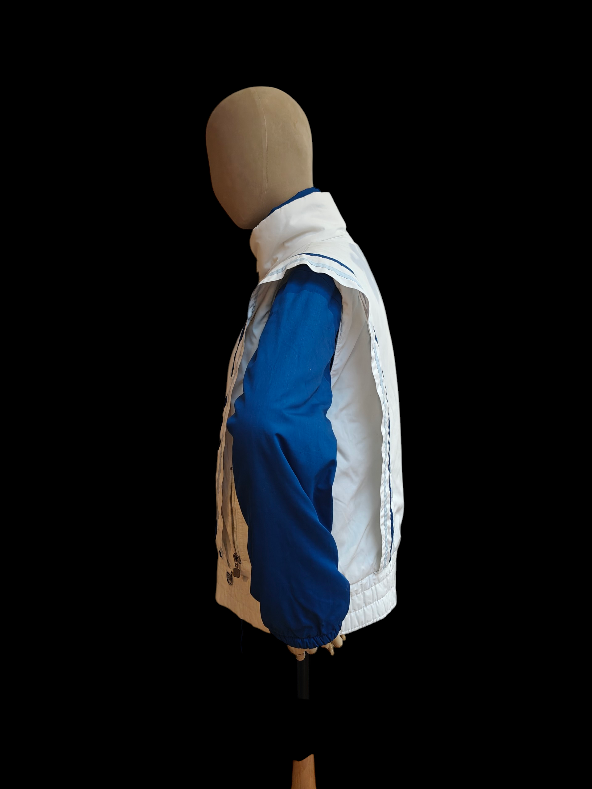 blue jacket with white gilet