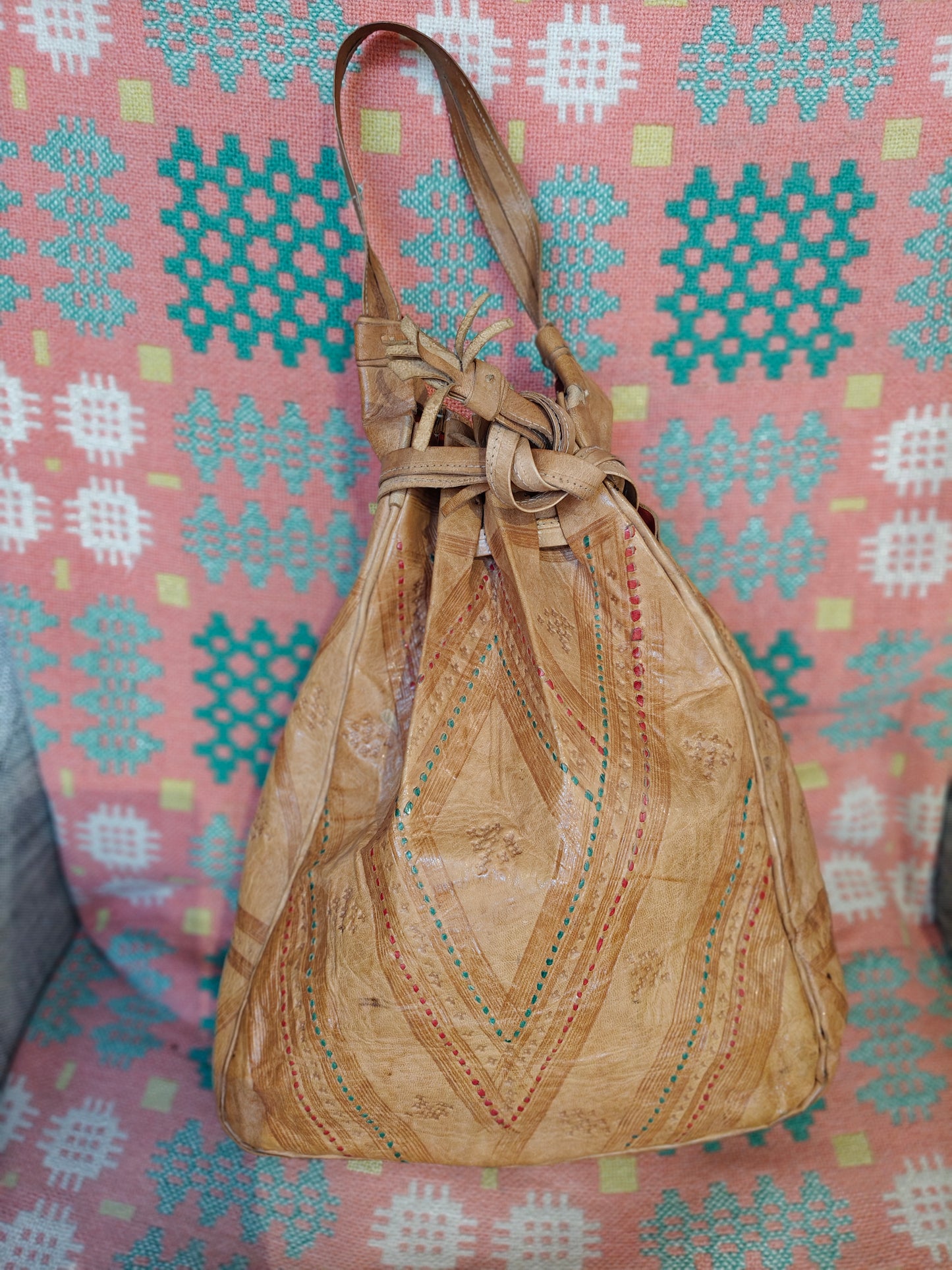 boho leather bag with embossed pattern
