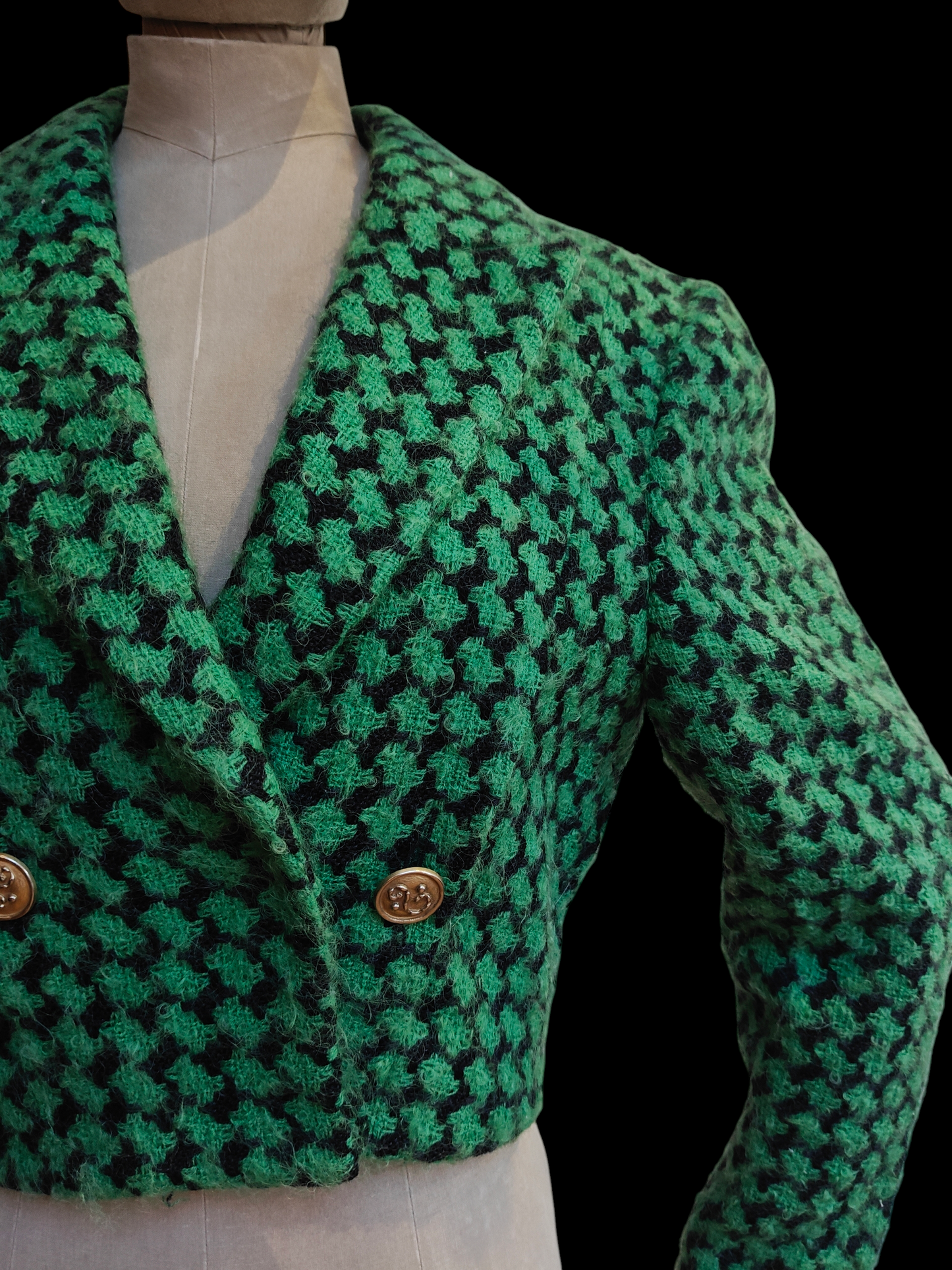 green and black vintage cropped jacket with gold buttons
