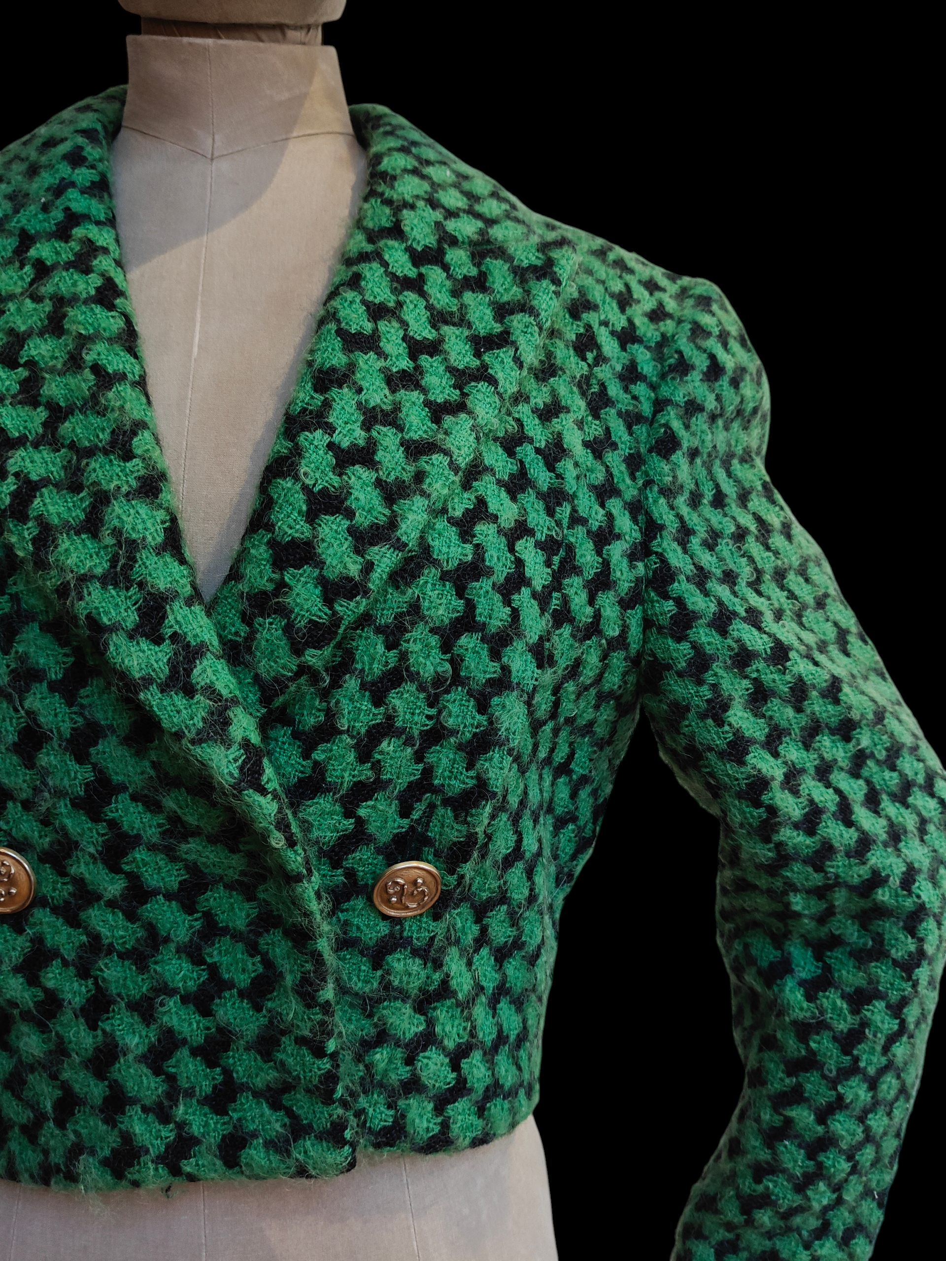 green and black vintage cropped jacket with gold buttons