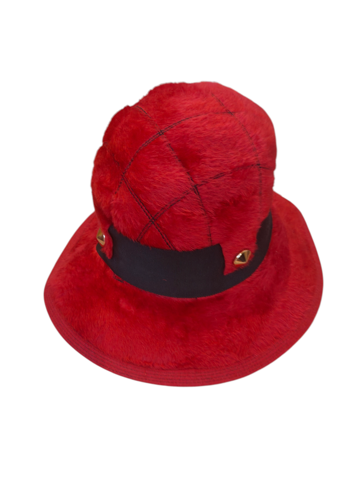 Red fur hat with a black band on a white background