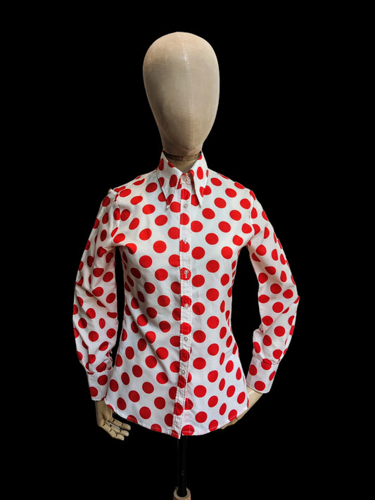 Amazing red and white 70s shirt with dagger collar.